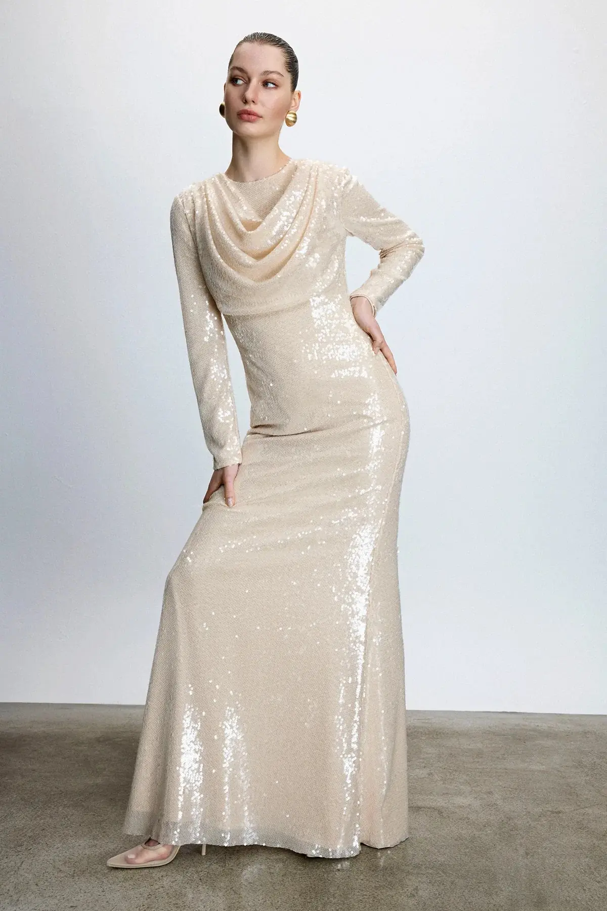 Draped Sequin Evening Dress – Cream, photo 3