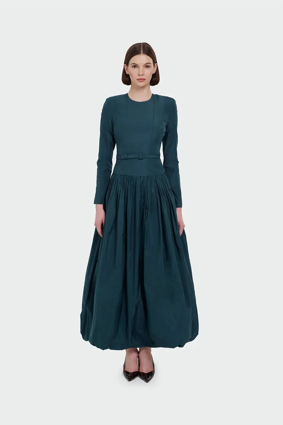 Long-Sleeved Evening Dress with Belt Detail - Emerald Green