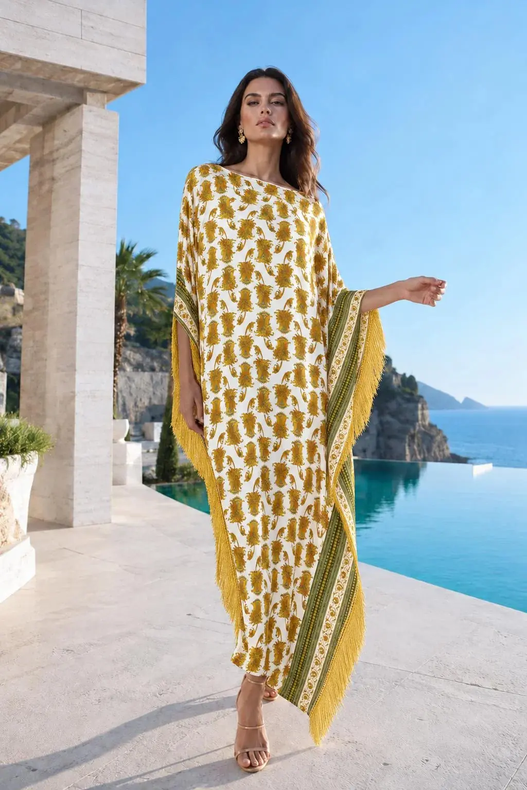 Clarissa Fringed Kaftan – Ivory & Gold, photo 2