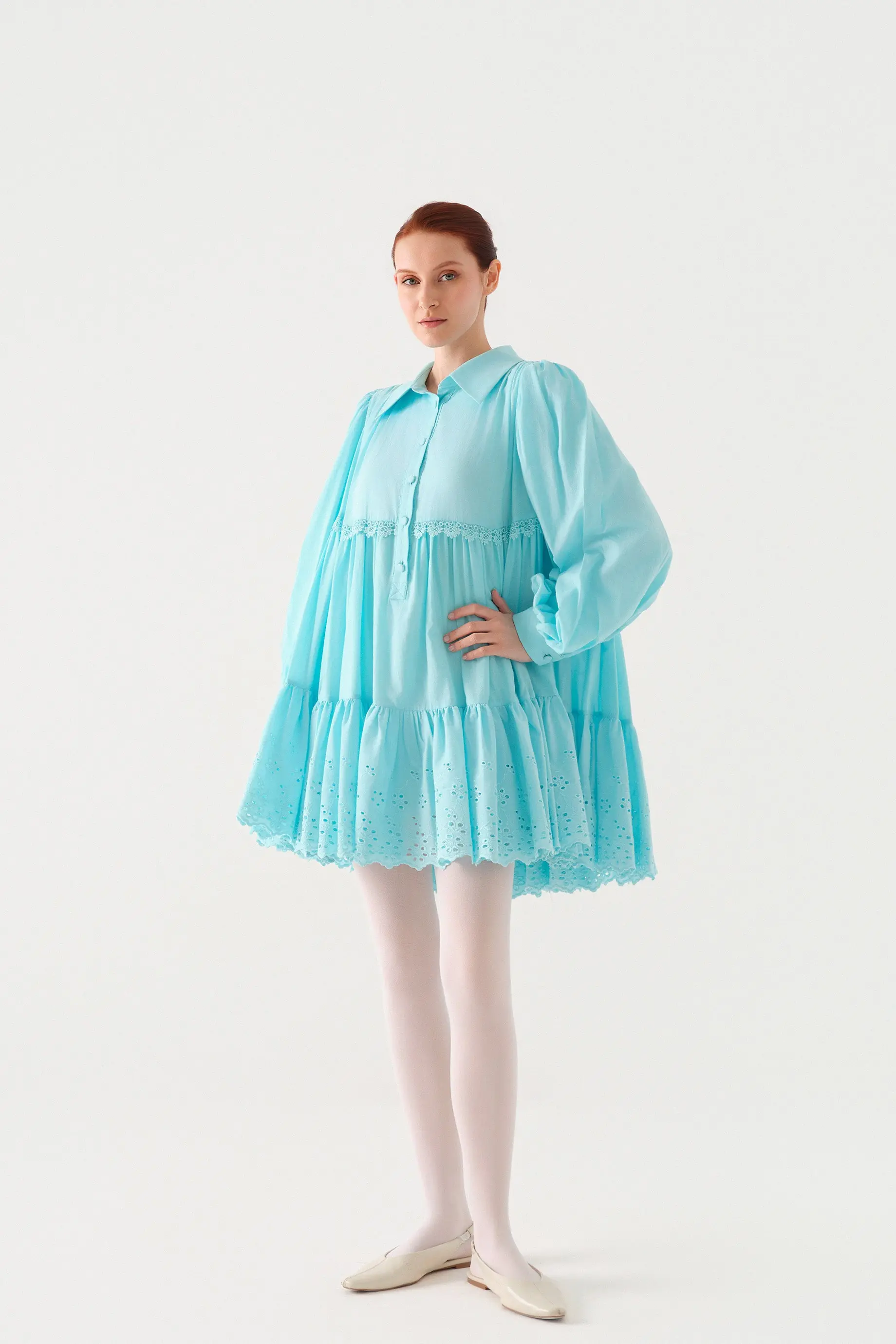 Layered Lace-Trim Cotton Poplin Tunic – Blue, photo 3