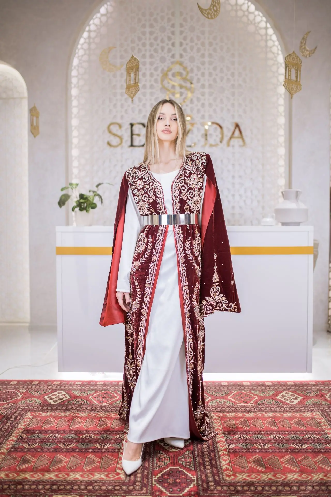 Goldline Couture Embellished Velvet Kaftan – Deep Red, photo 3