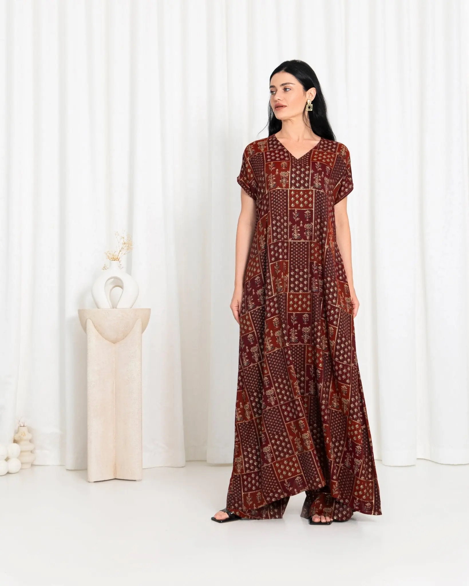Maroon Floral Check Kimono Dress