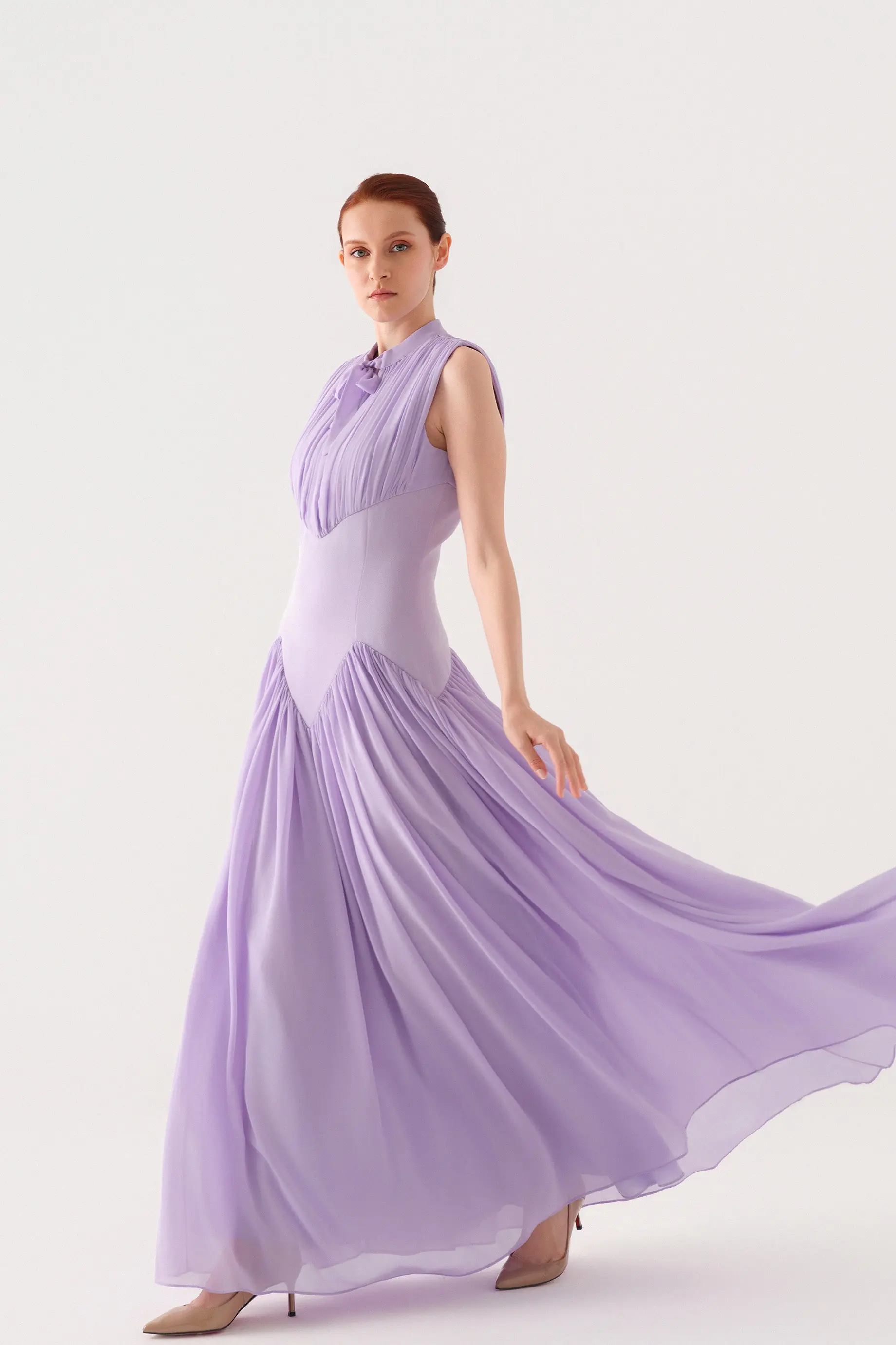 Sleeveless Bow-Neck Corset-Detail Chiffon Crepe Maxi Dress – Lilac, photo 2