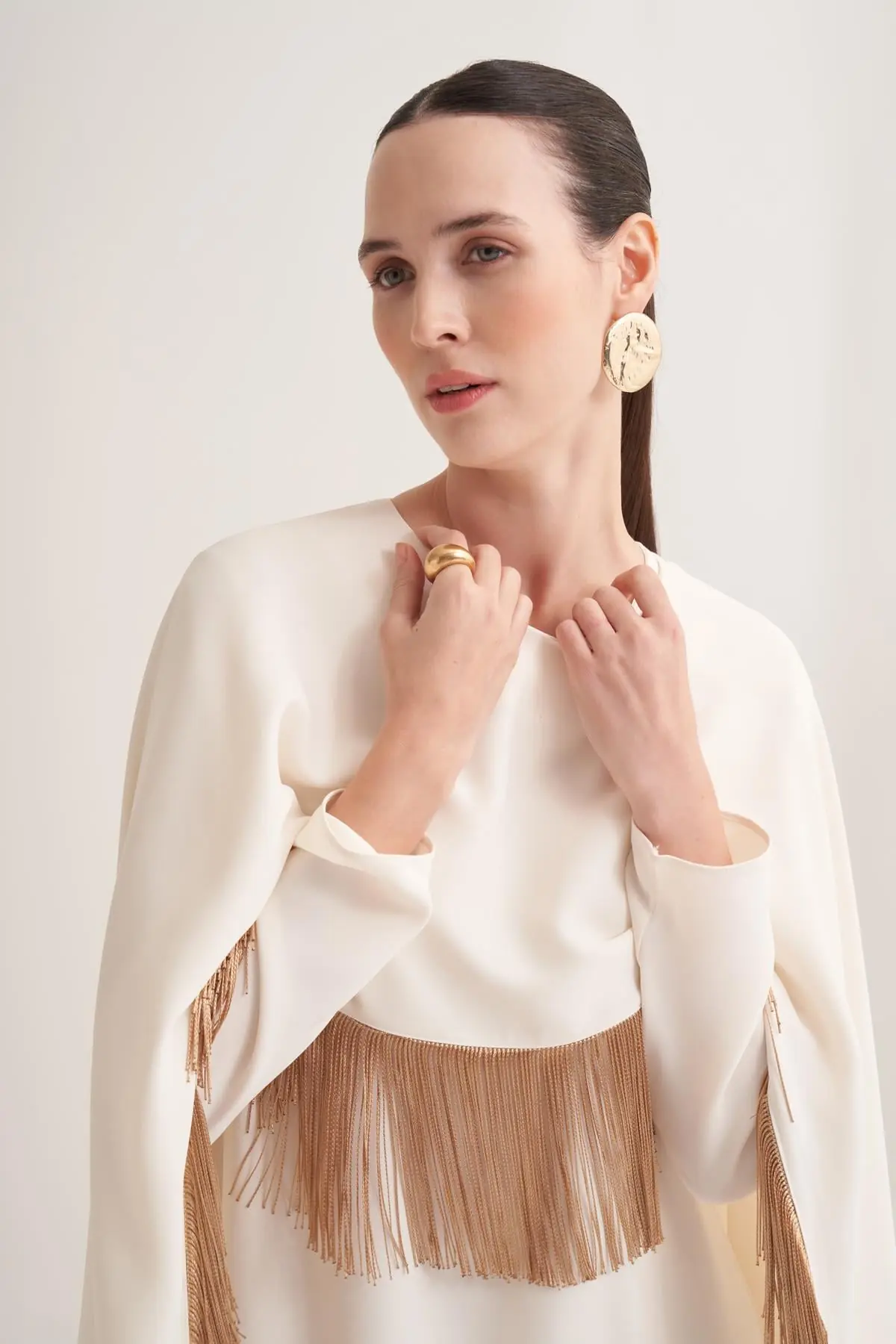 Milena Fringed Cape Maxi Dress – Cream, photo 3