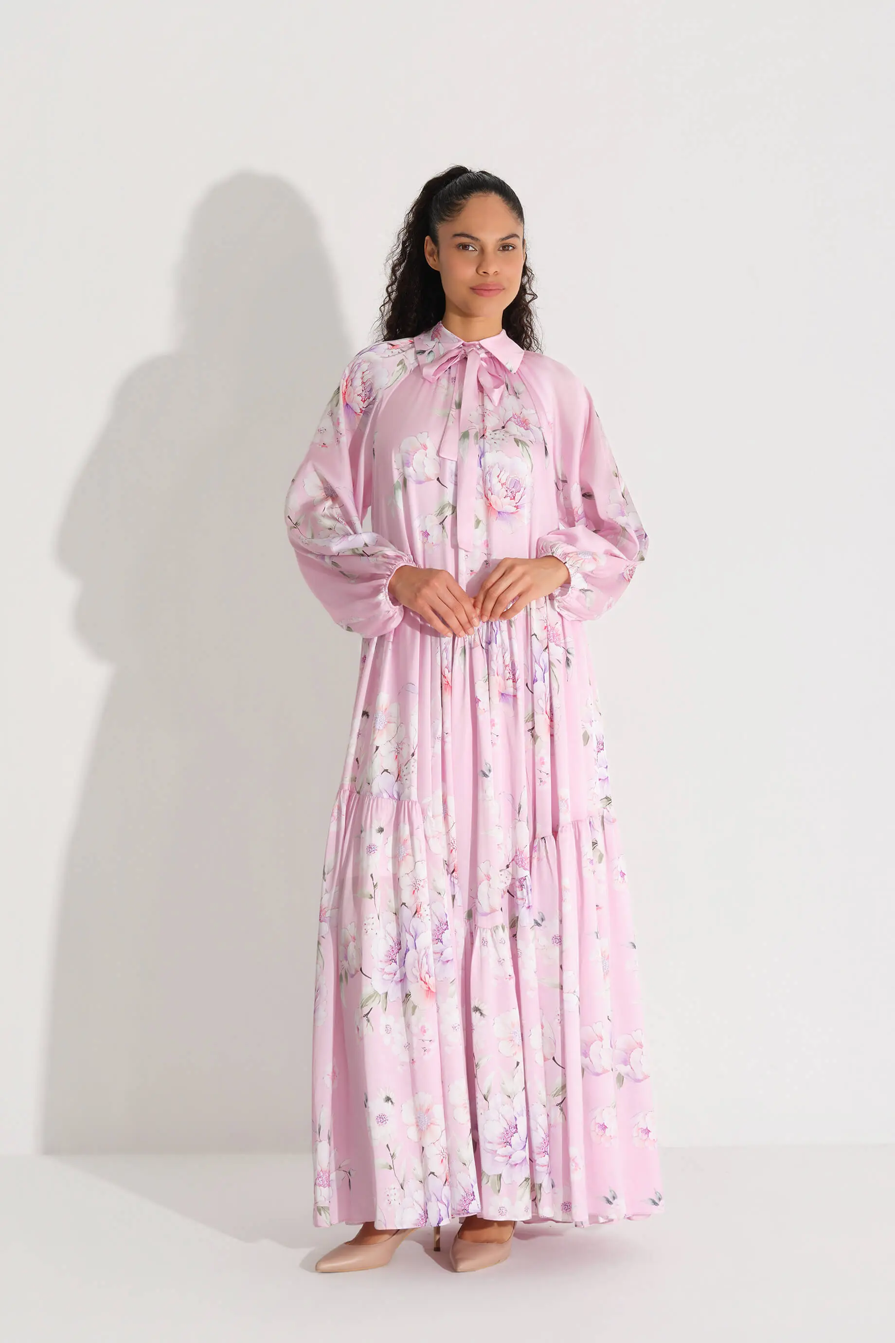 Bow-Neck Floral Chiffon Satin Dress – Pink, photo 2
