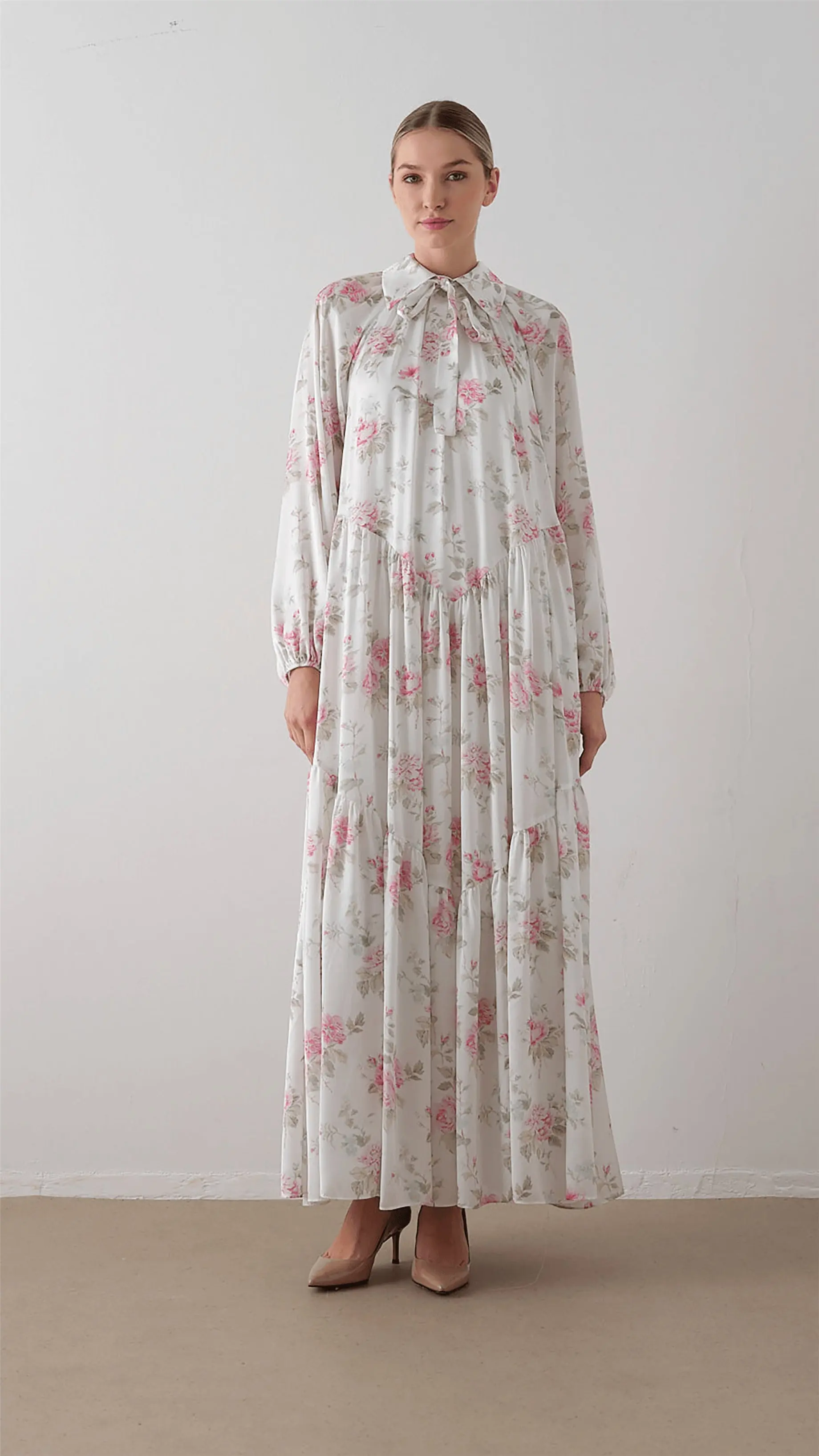 Bow-Neck Floral Chiffon Satin Dress – Cream