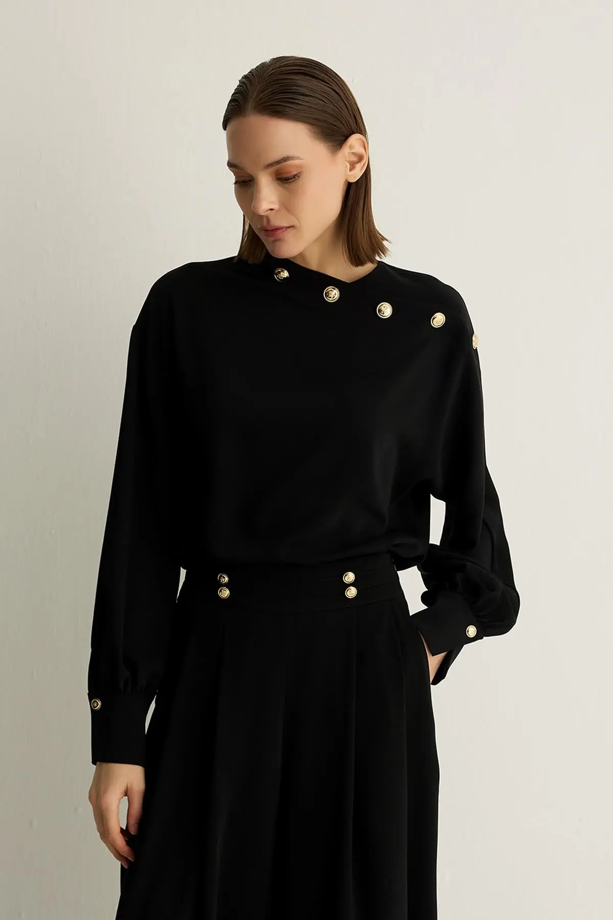 Oriana Button Detail Blouse – Black