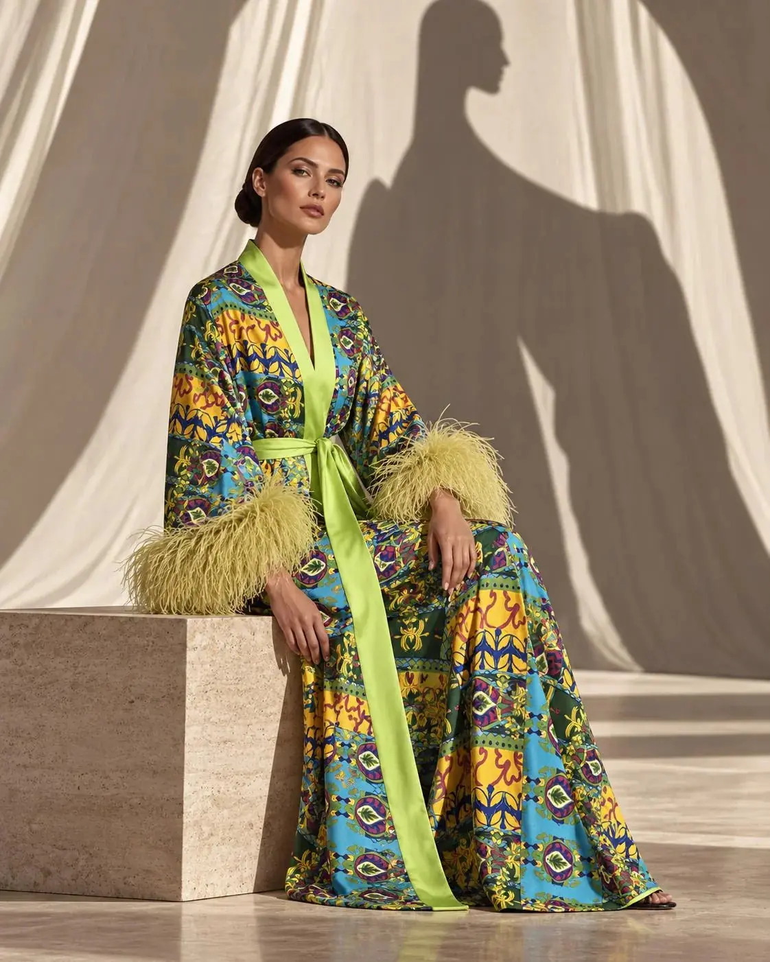Rita Printed Silk Kimono with Ostrich Feather Trim - Green, photo 2