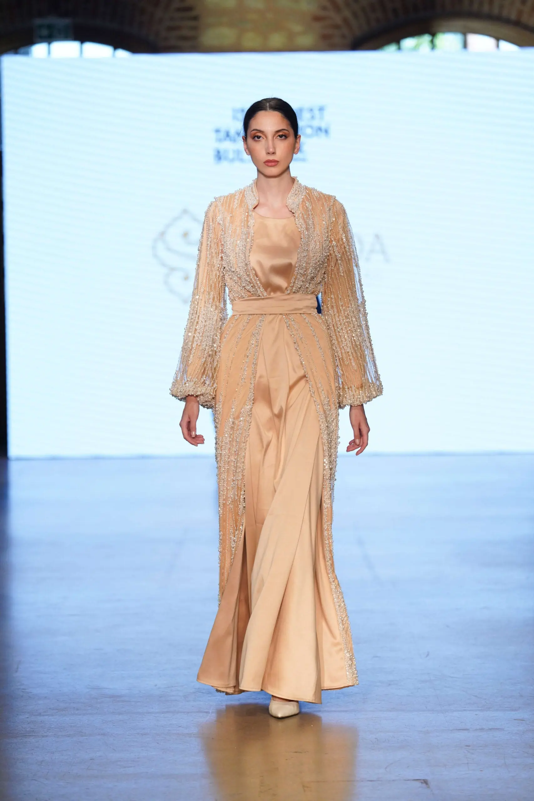 Golden Mirage Balcanian Pearl-Embellished Satin Gown – Gold Beige, photo 3