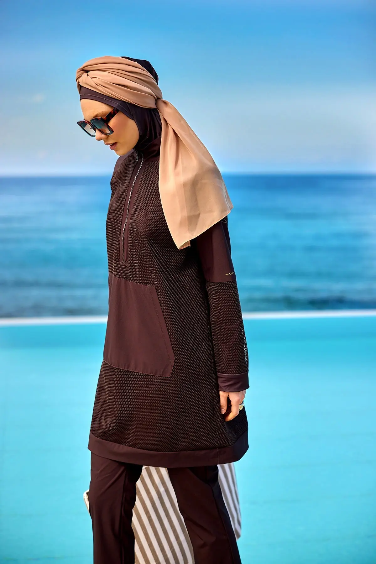 Full Coverage Tulle Detail Modest Swimwear Burkini Set - Brown