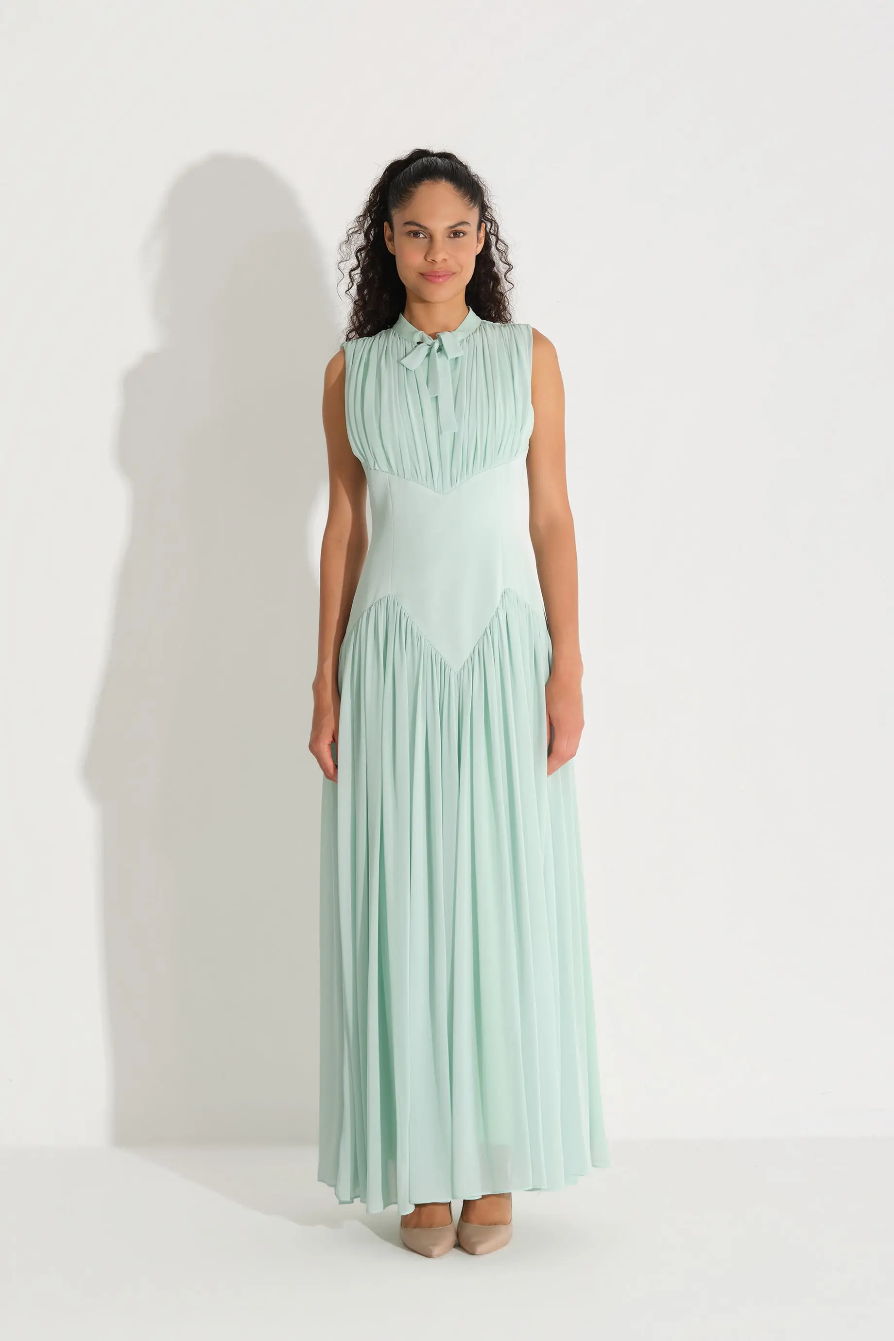 Bow-Neck Corset-Detail Chiffon Dress - Mint