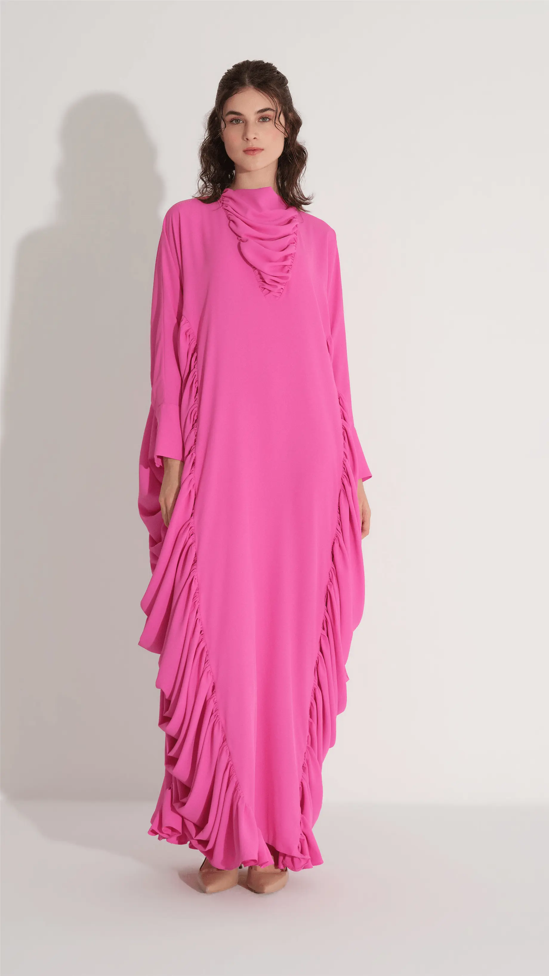 YANLARI BÜZGÜLÜ KAFTAN ELBİSE Fuşya