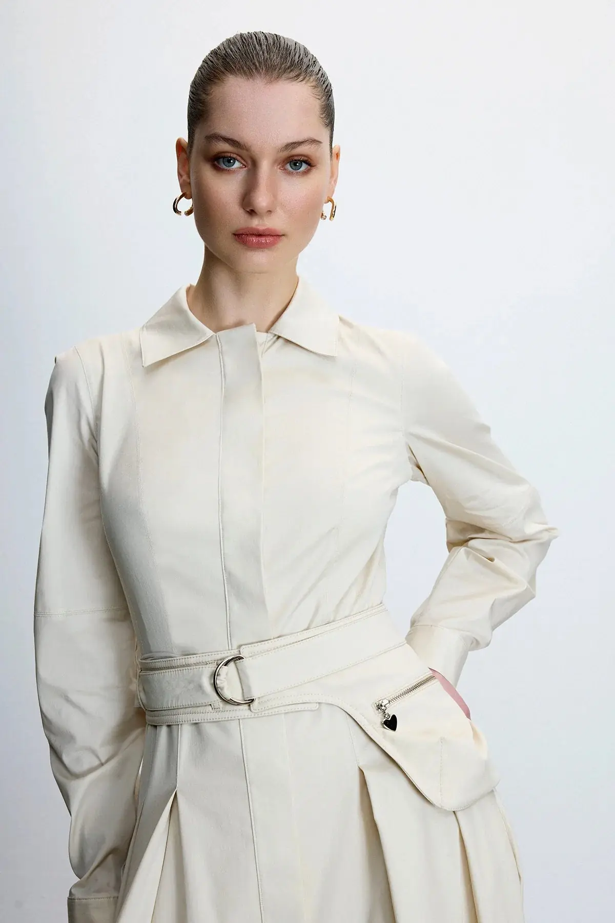 Belted Shirt-Collar Midi Dress – Ecru, photo 2