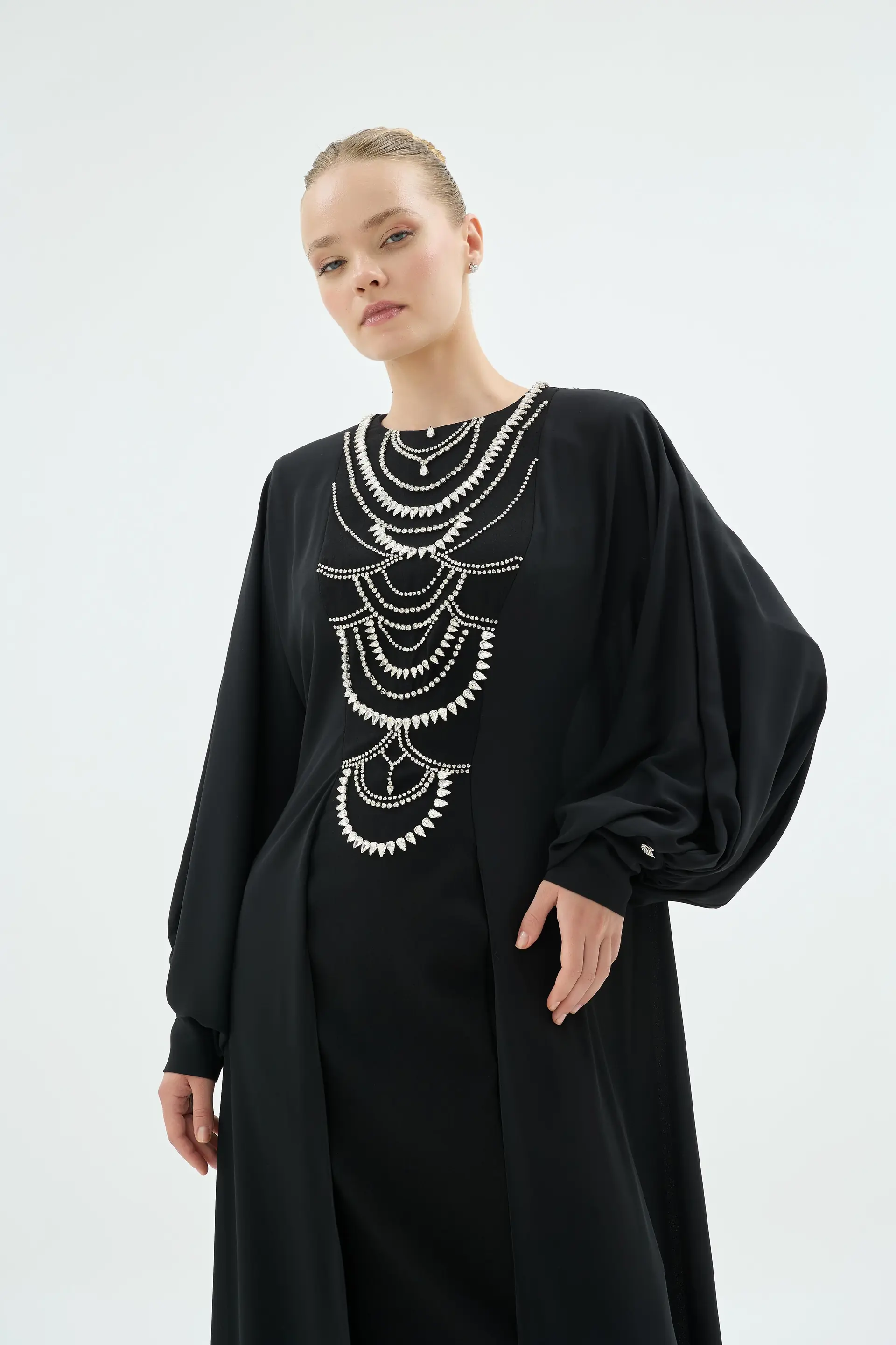 Crystal Embellished Flowing Abaya Dress – Black, photo 3