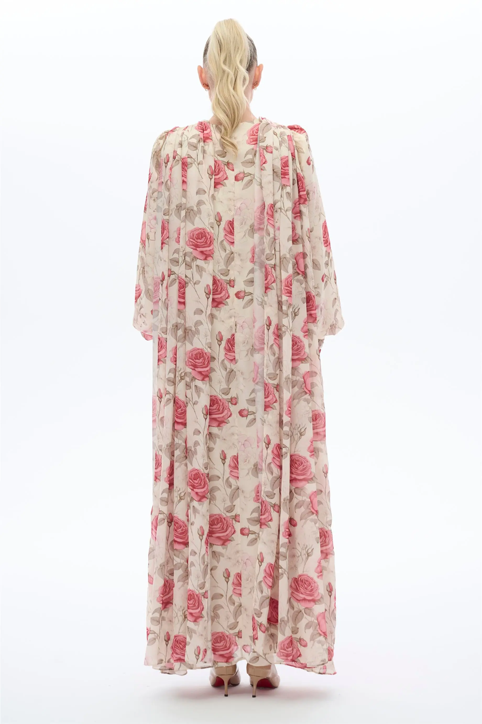 Cape Shoulder Rose Print Dress in Beige, photo 4