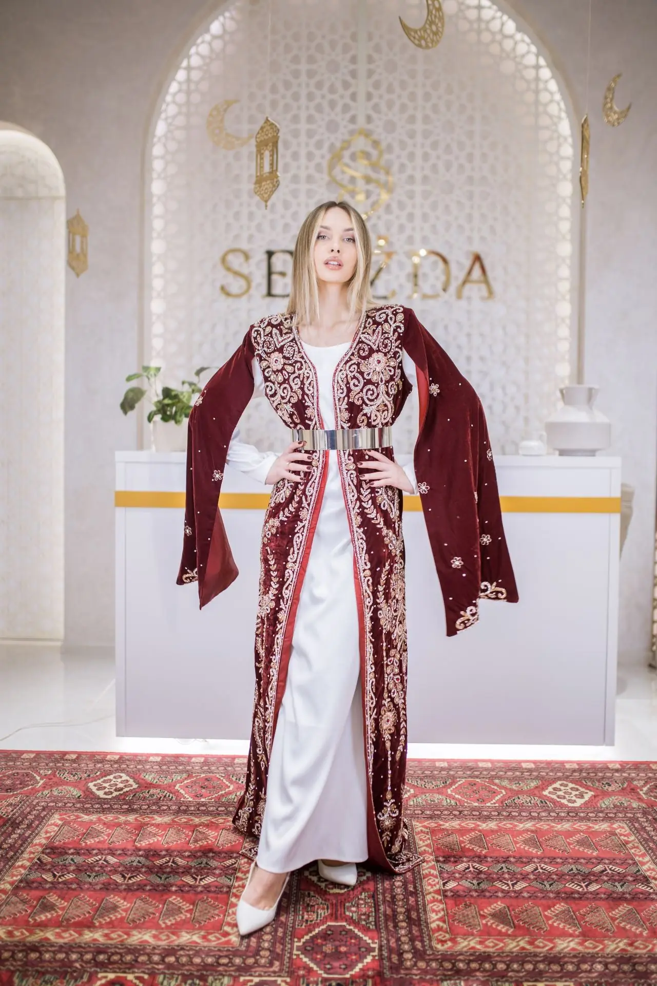 Goldline Couture Embellished Velvet Kaftan – Deep Red, photo 4