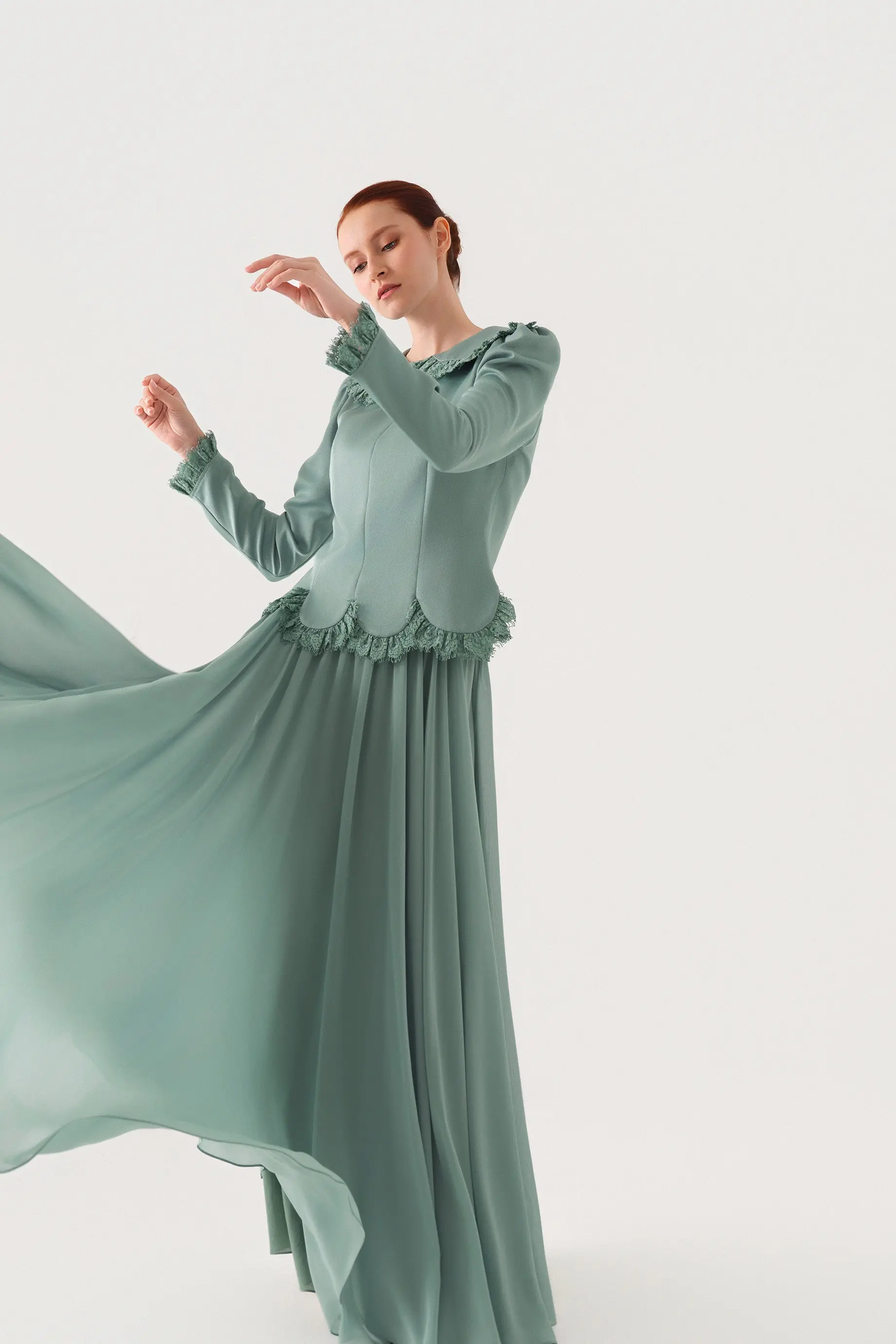 Peter Pan Collar Blouse and Lace-Trim Skirt Set – Green, photo 7
