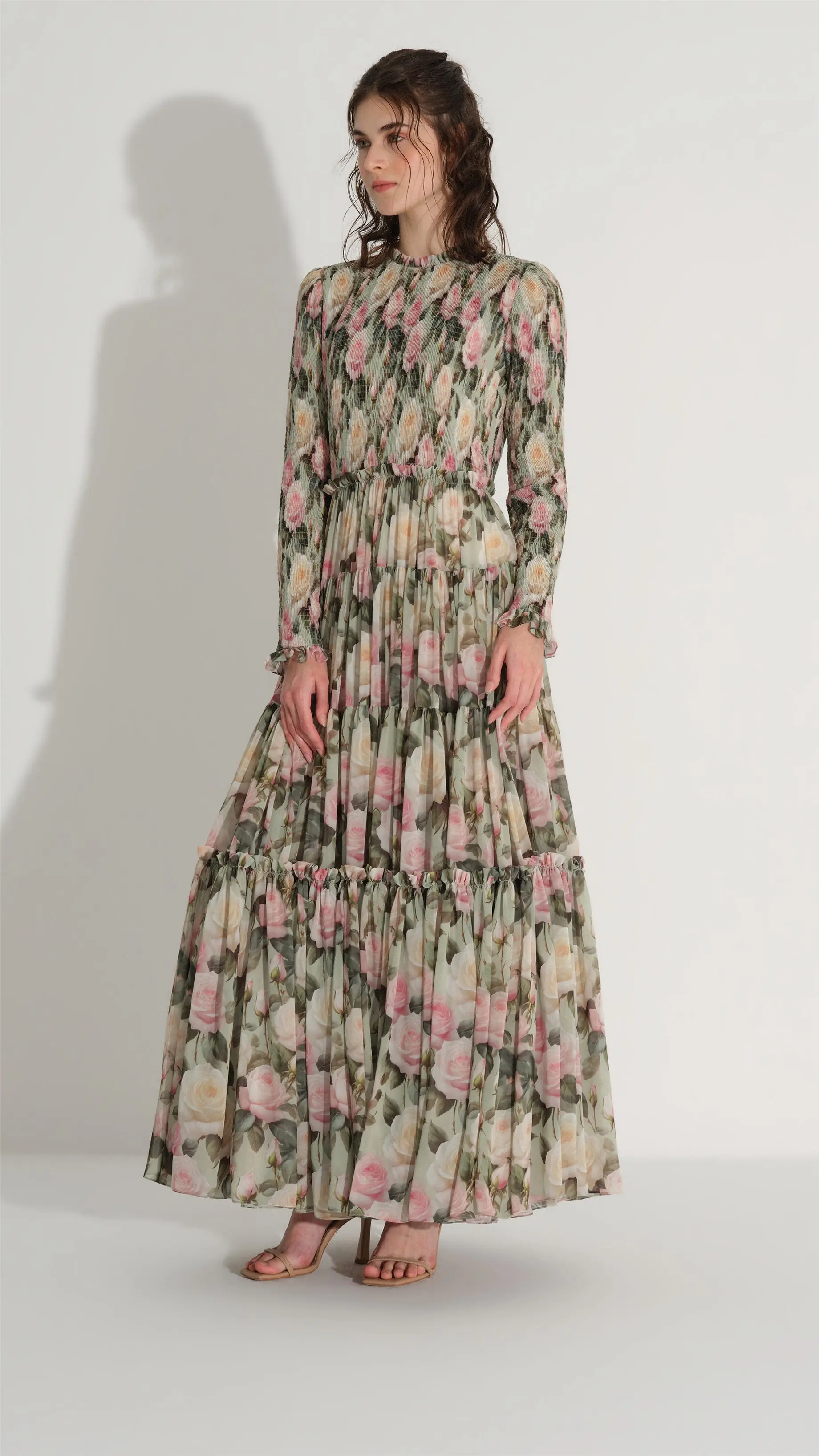 Smocked Chiffon Pleated Dress – Green, photo 7