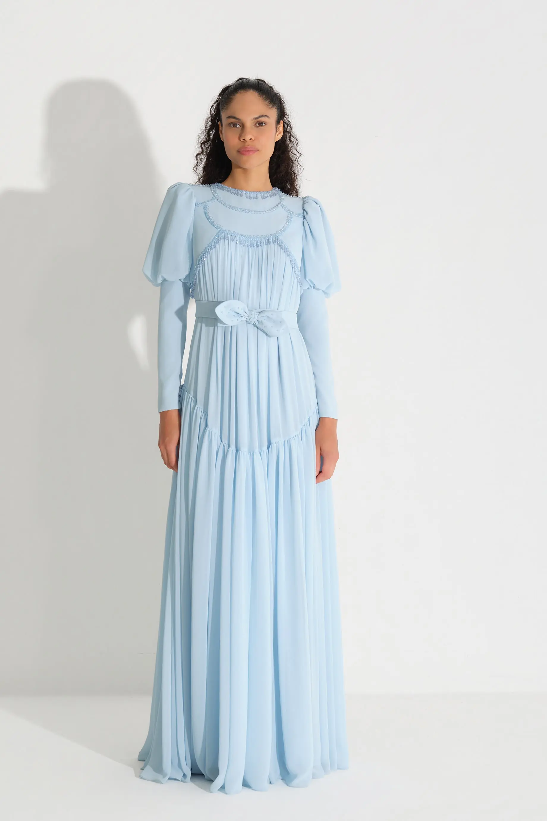 Beaded Stone-Embellished Chiffon Dress – Blue