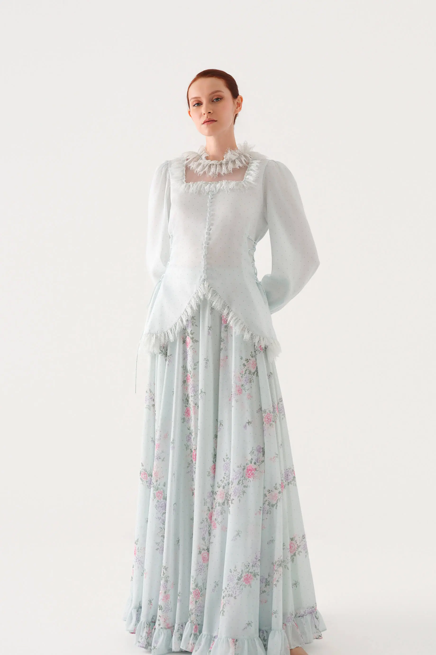 Polka-Dot Lace-Trim Blouse and Chiffon Skirt Set – Blue, photo 2