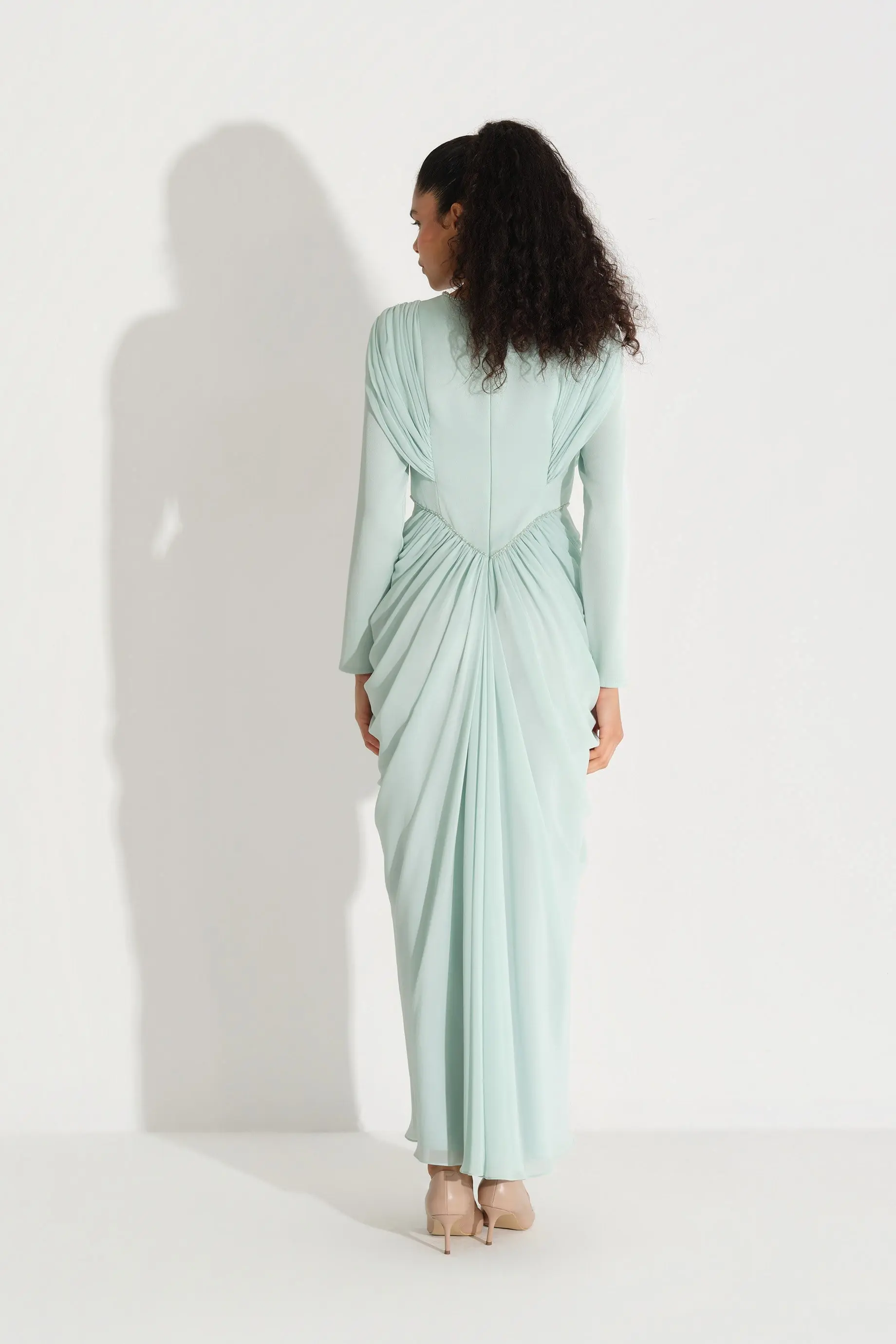 Draped Shoulder & Side Chiffon Dress – Mint, photo 4