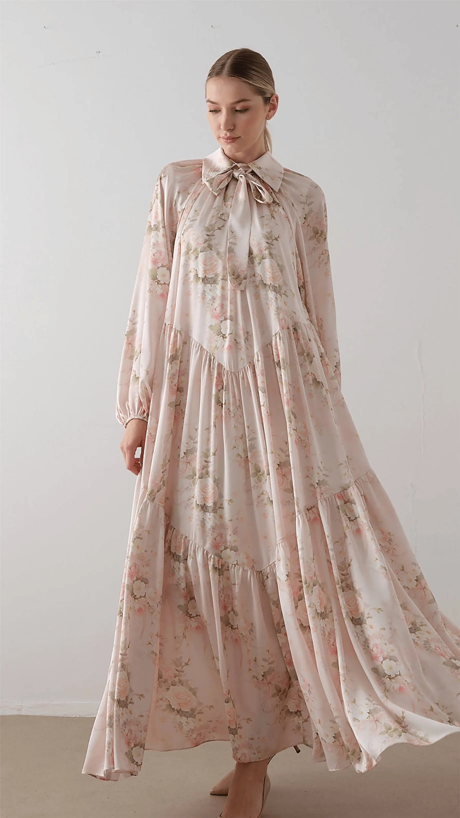 Bow Neck Chiffon Satin Dress – Pink, photo 5