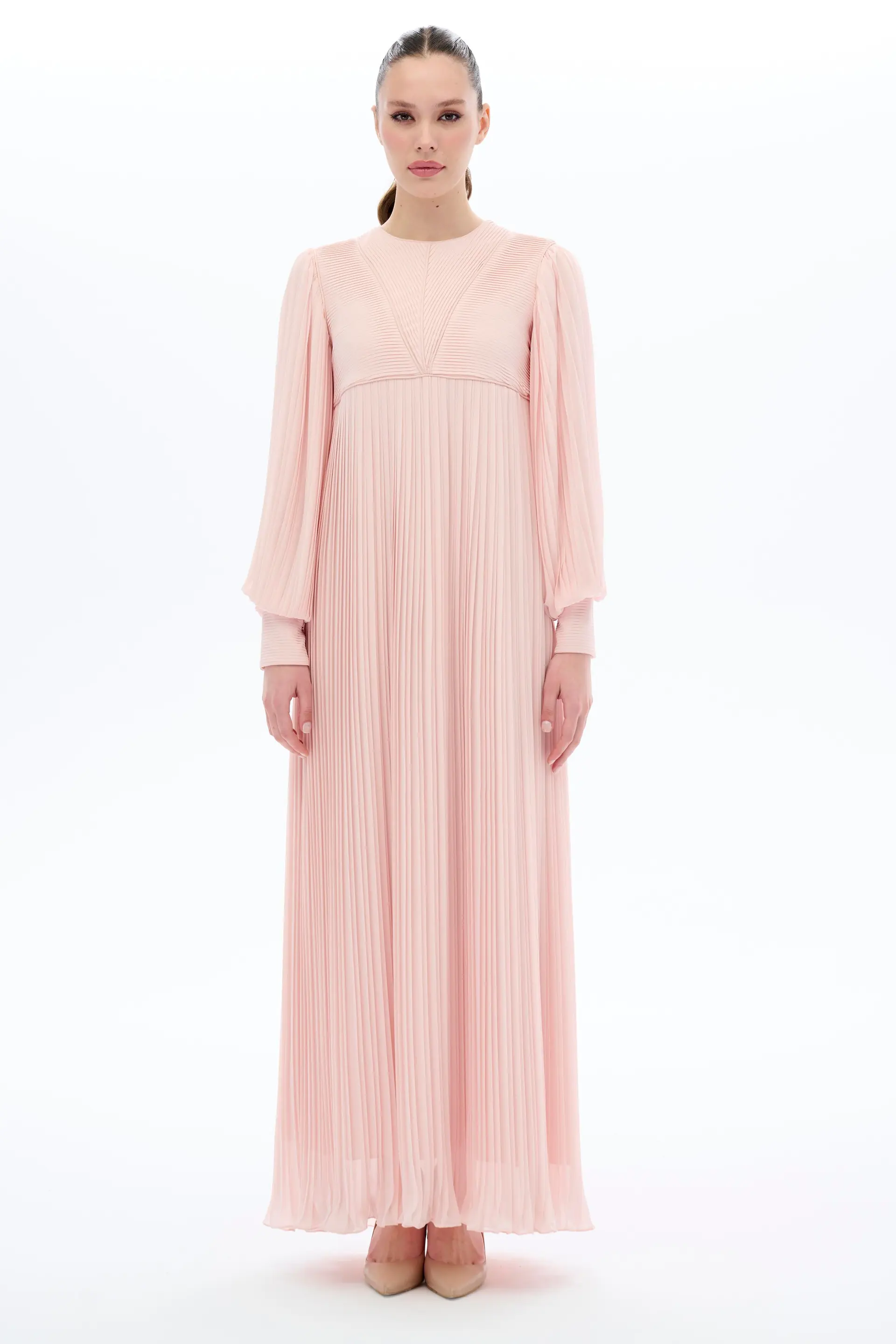 Pleated V-Front Romantic Dress – Powder Pink