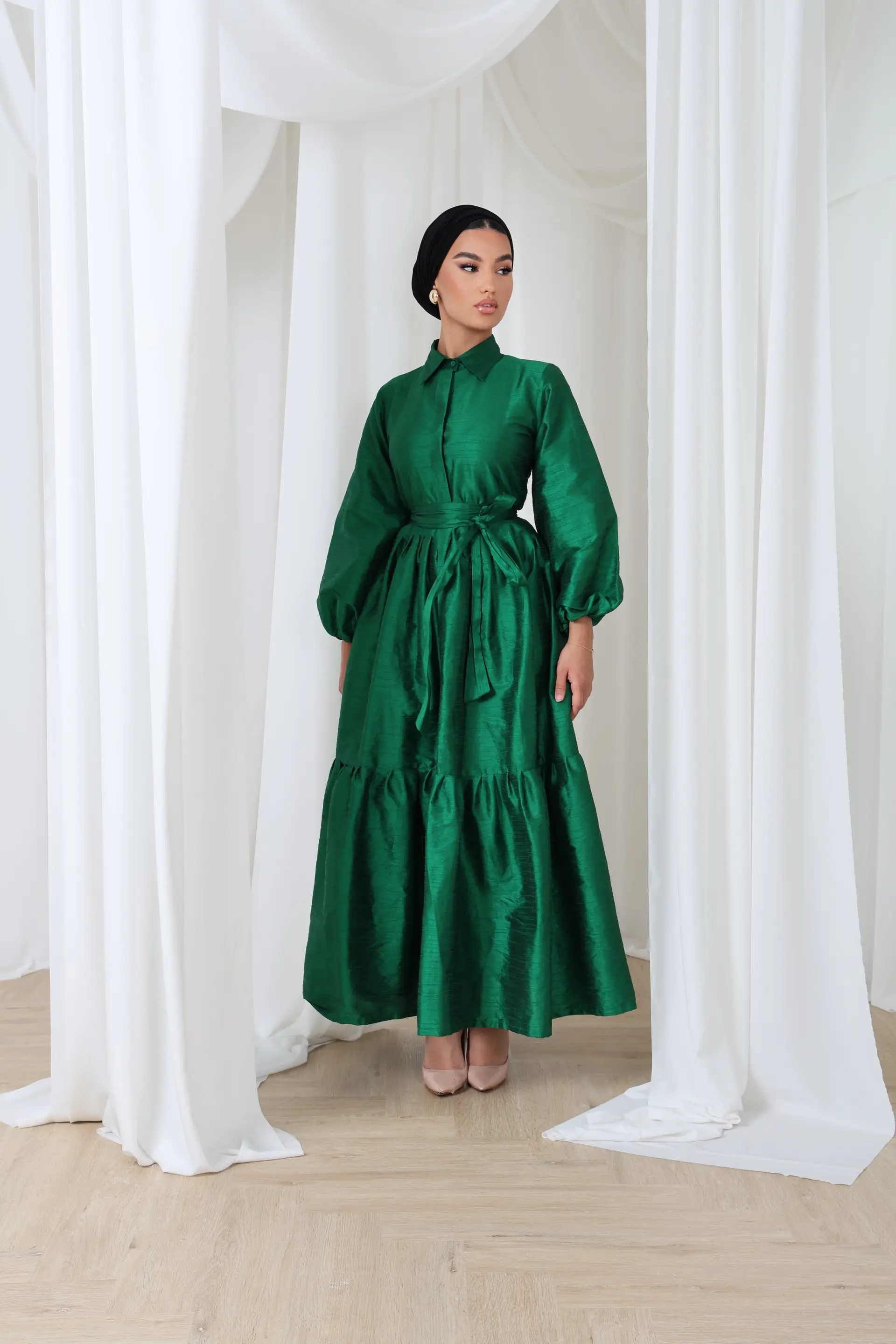 Satin Maxi Dress with Balloon Sleeves & Waist Bow, photo 6