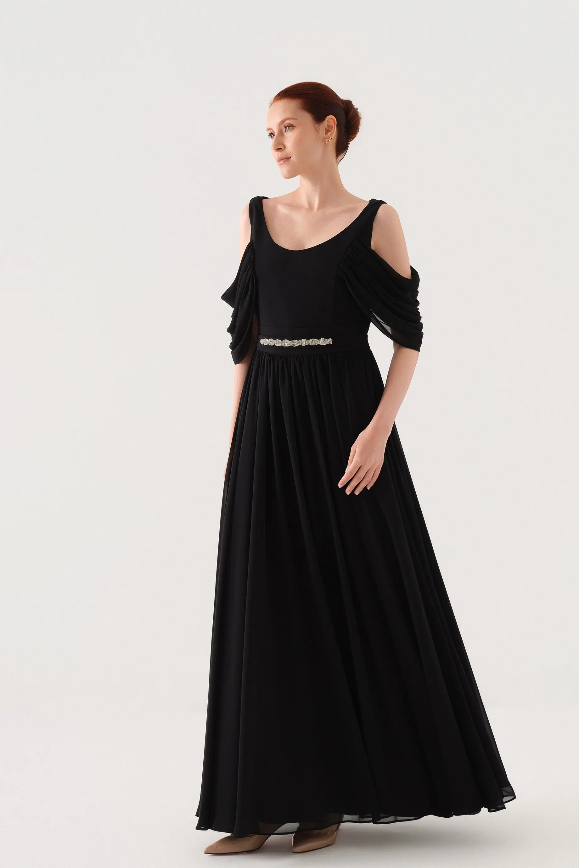 Embellished-Belt Draped Chiffon Maxi Dress – Black, photo 5