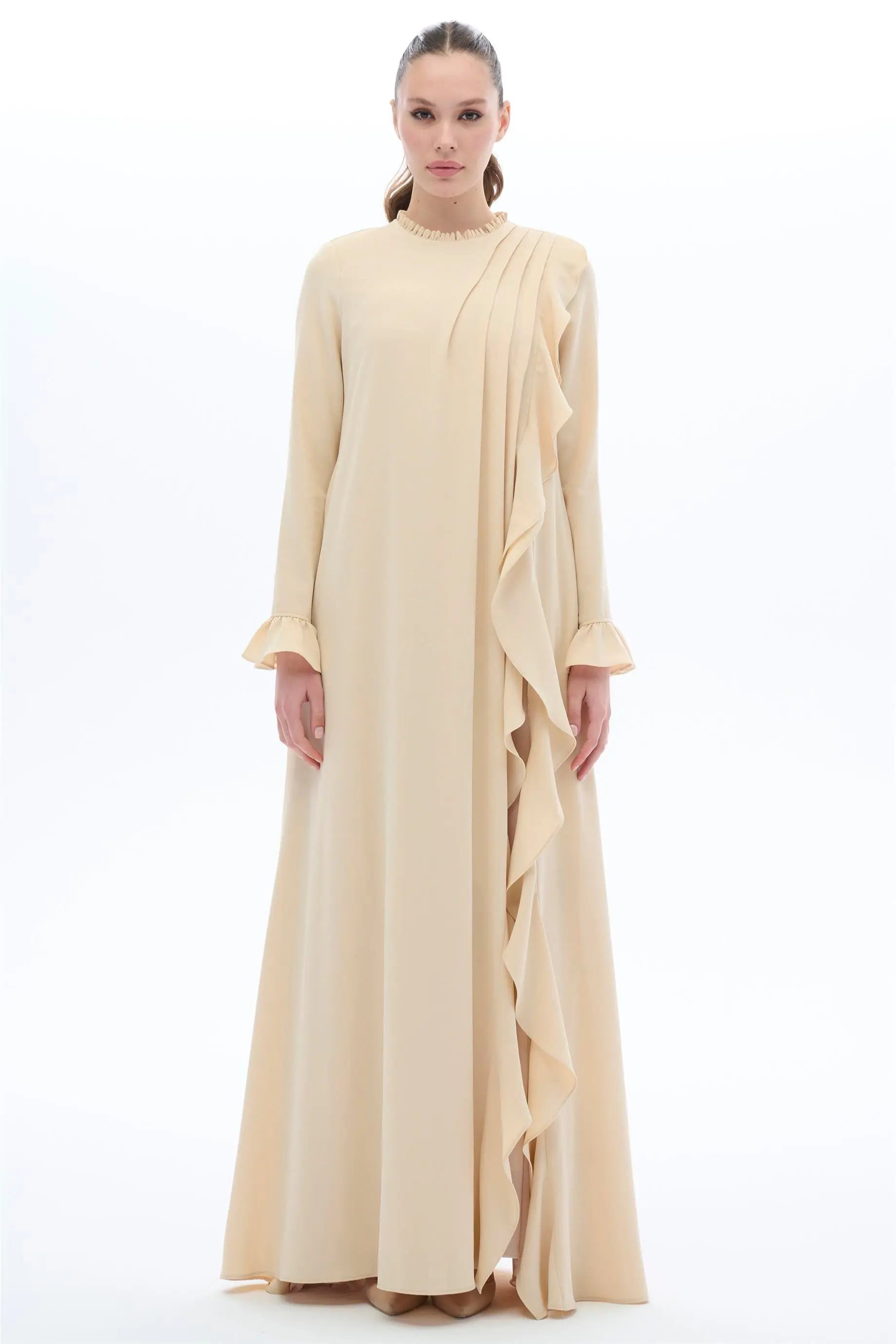 Ruffled Panel Dress – Beige