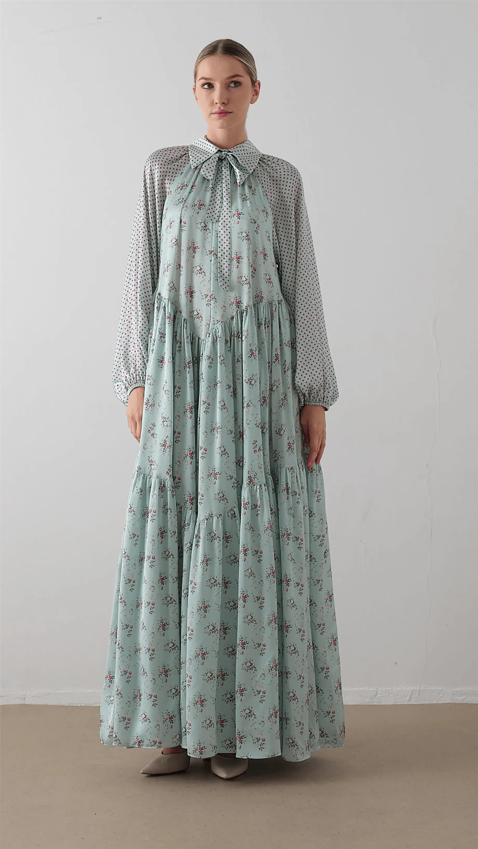 PUANTİYE DESENLİ ŞİFON SATEN ELBİSE Mint, photo 8