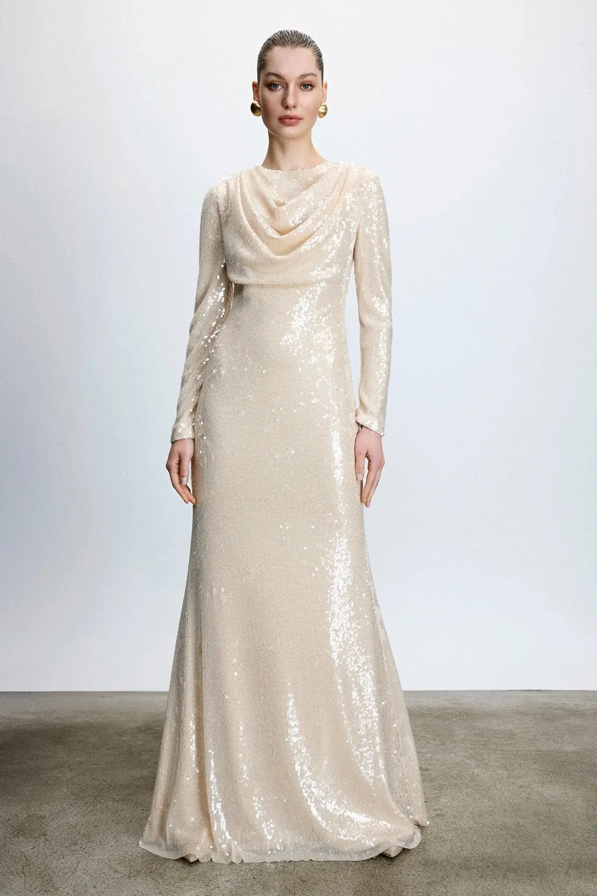 Draped Sequin Evening Dress – Cream
