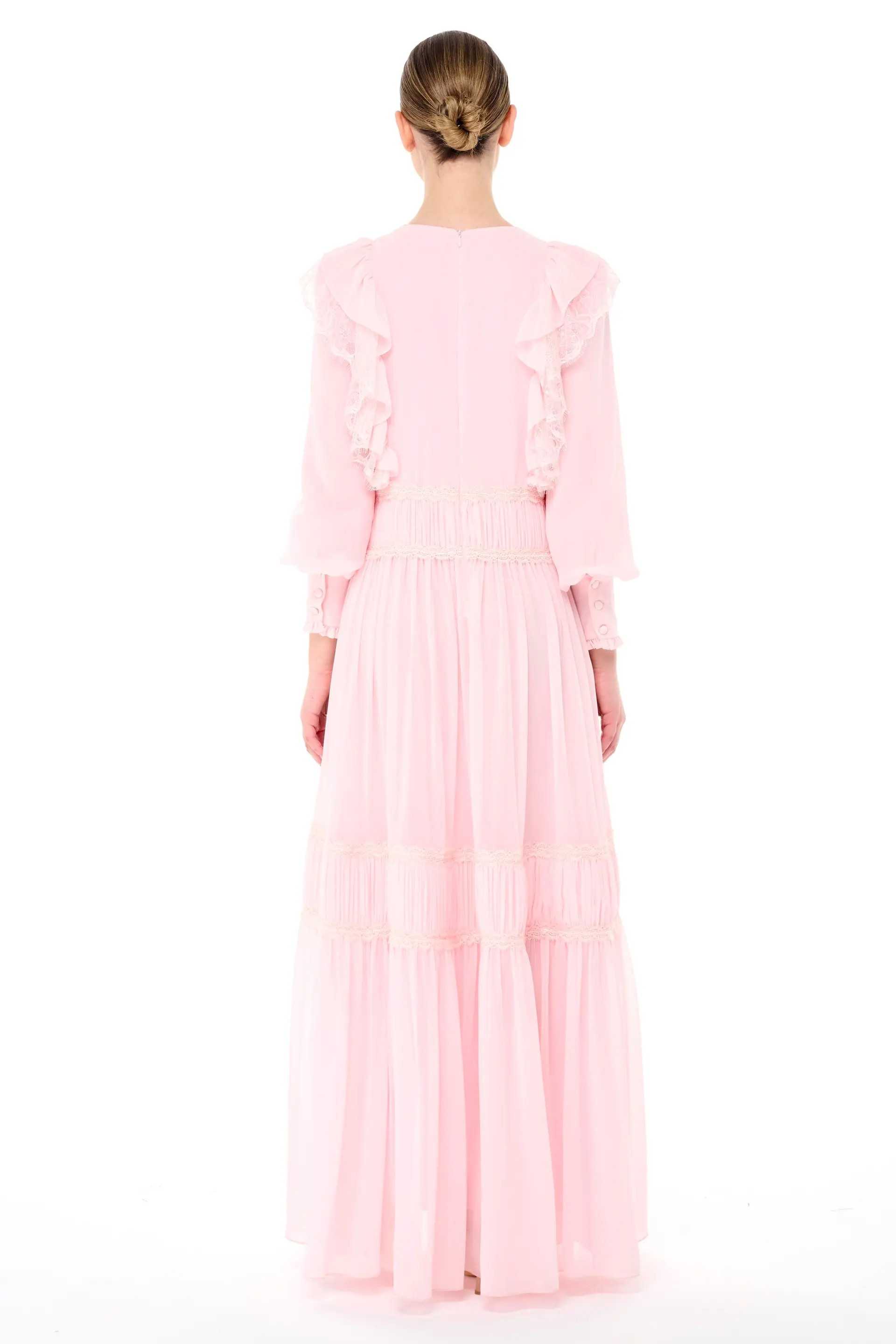 Lace Trim Gathered Tiered Dress – Powder Pink, photo 4