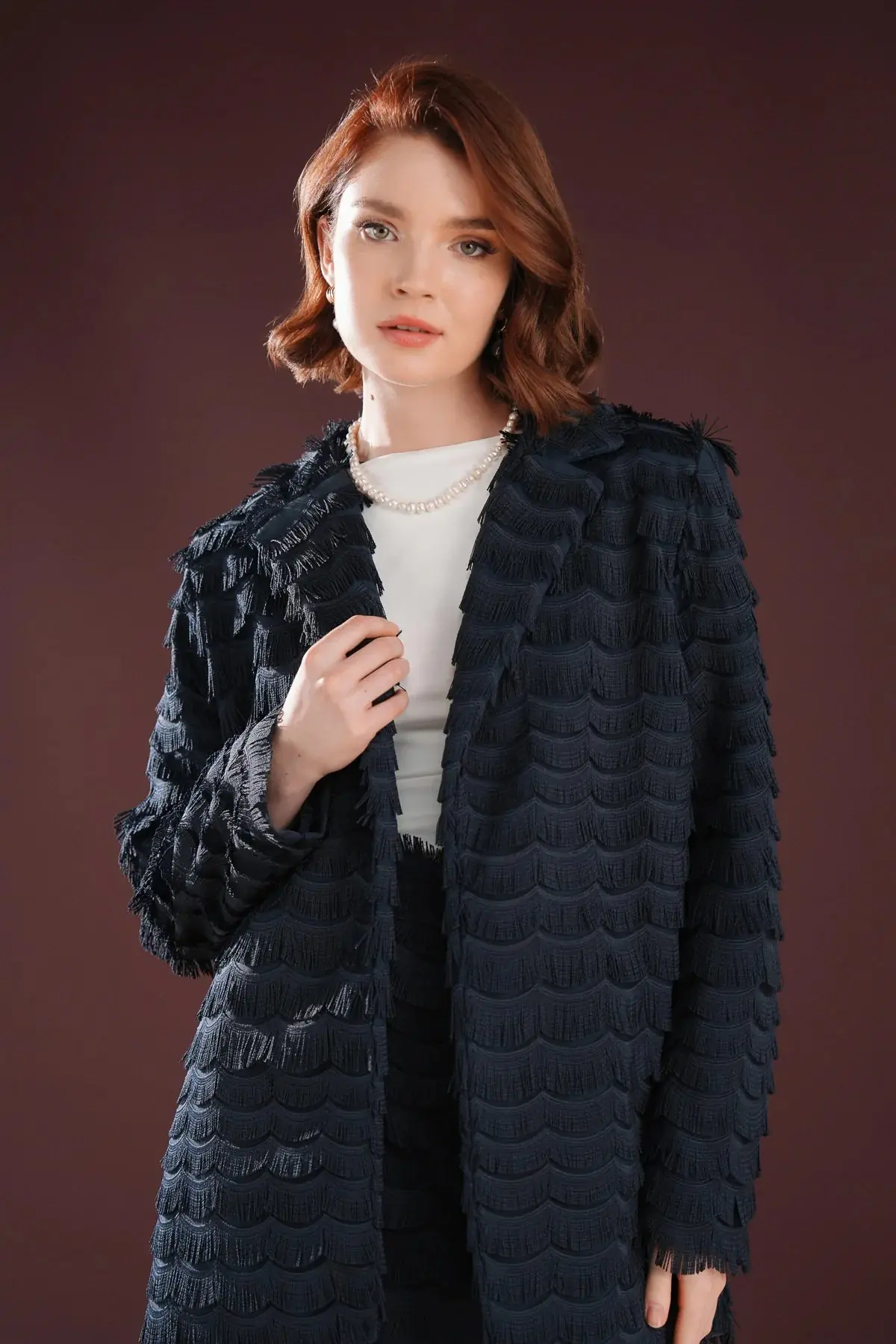 Elowen Textured Fringe Skirt & Jacket Set – Navy, photo 2