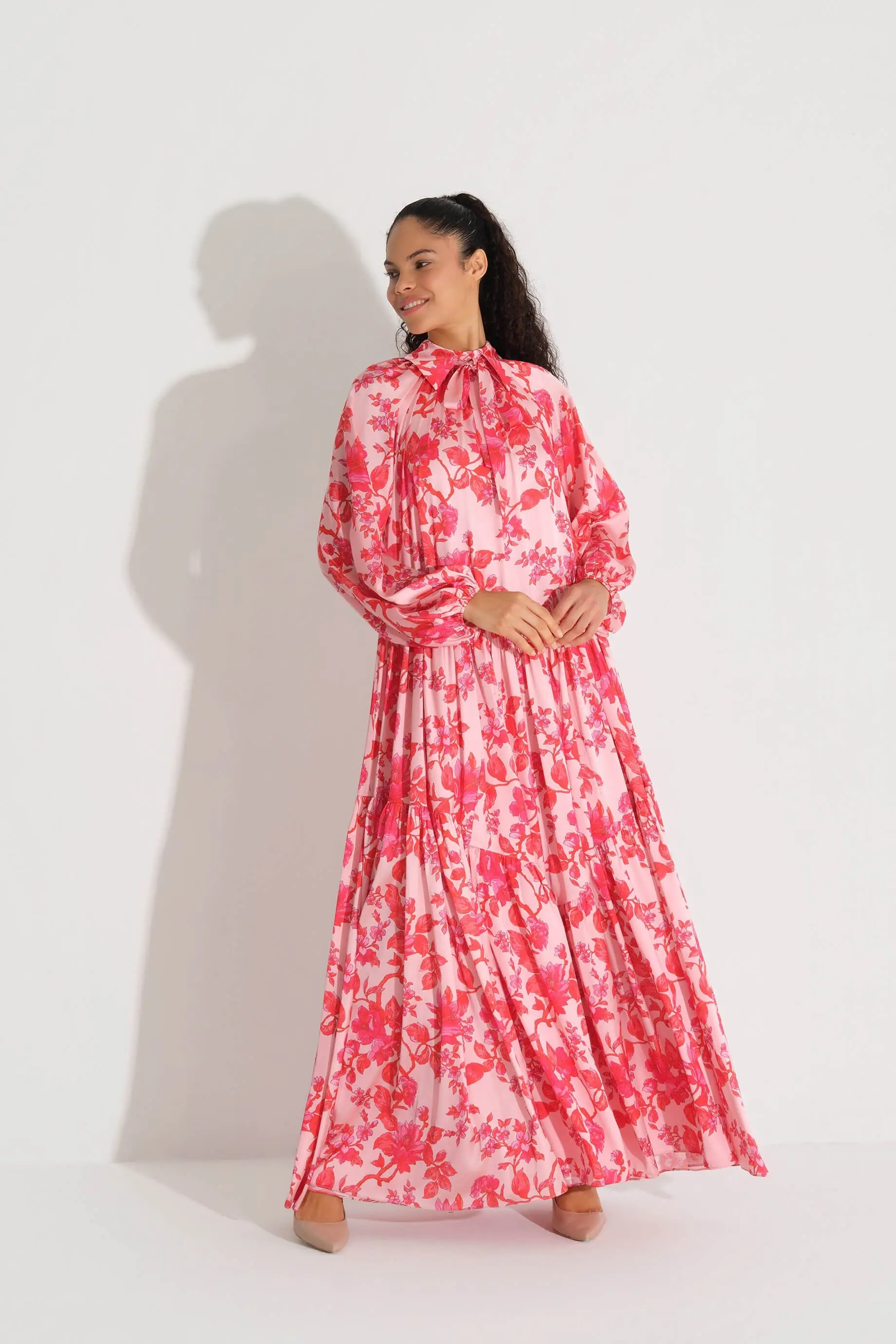 Bow-Neck Floral Satin Chiffon Dress – Red, photo 4