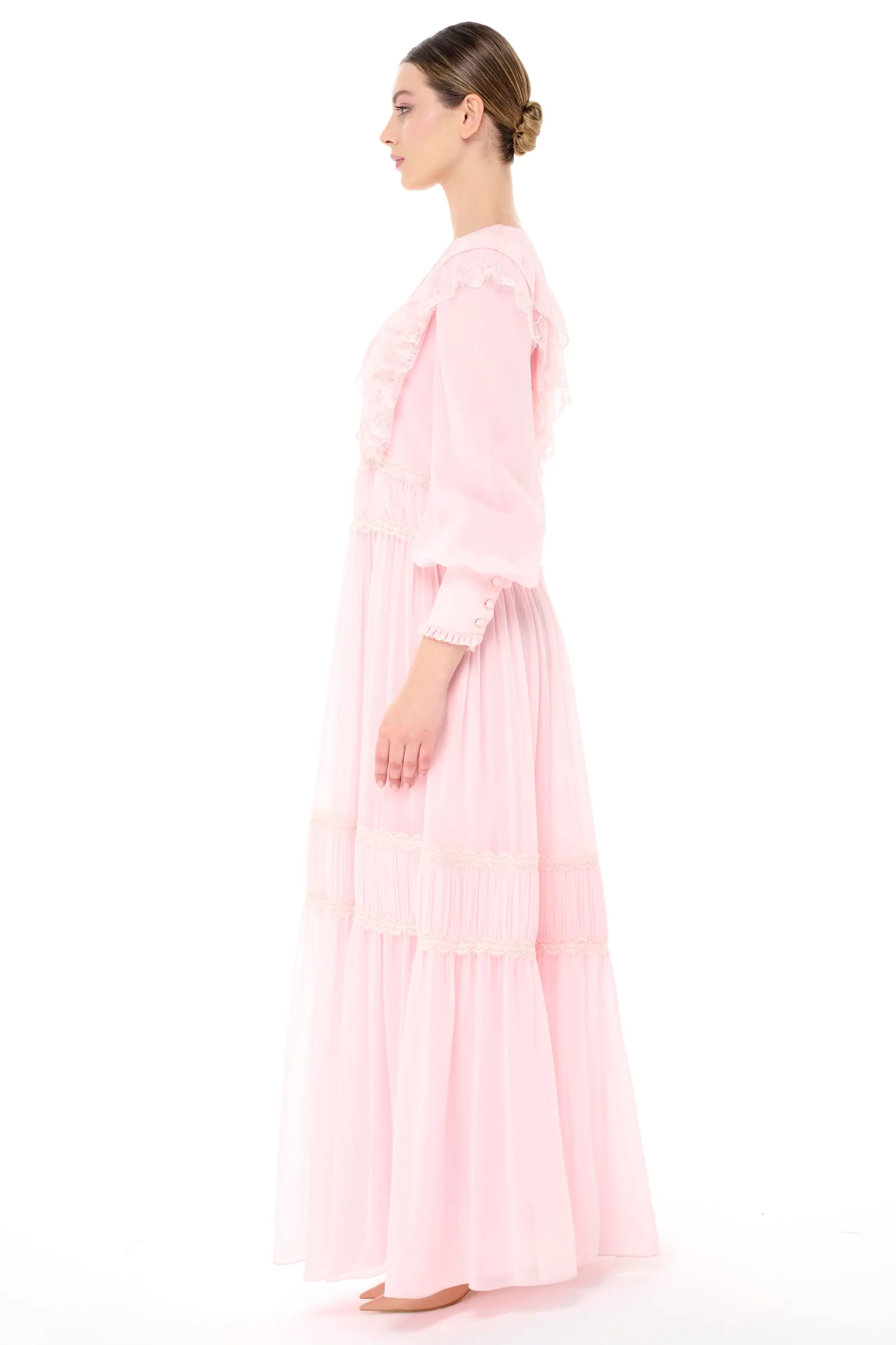 Lace Trim Gathered Tiered Dress – Powder Pink, photo 3