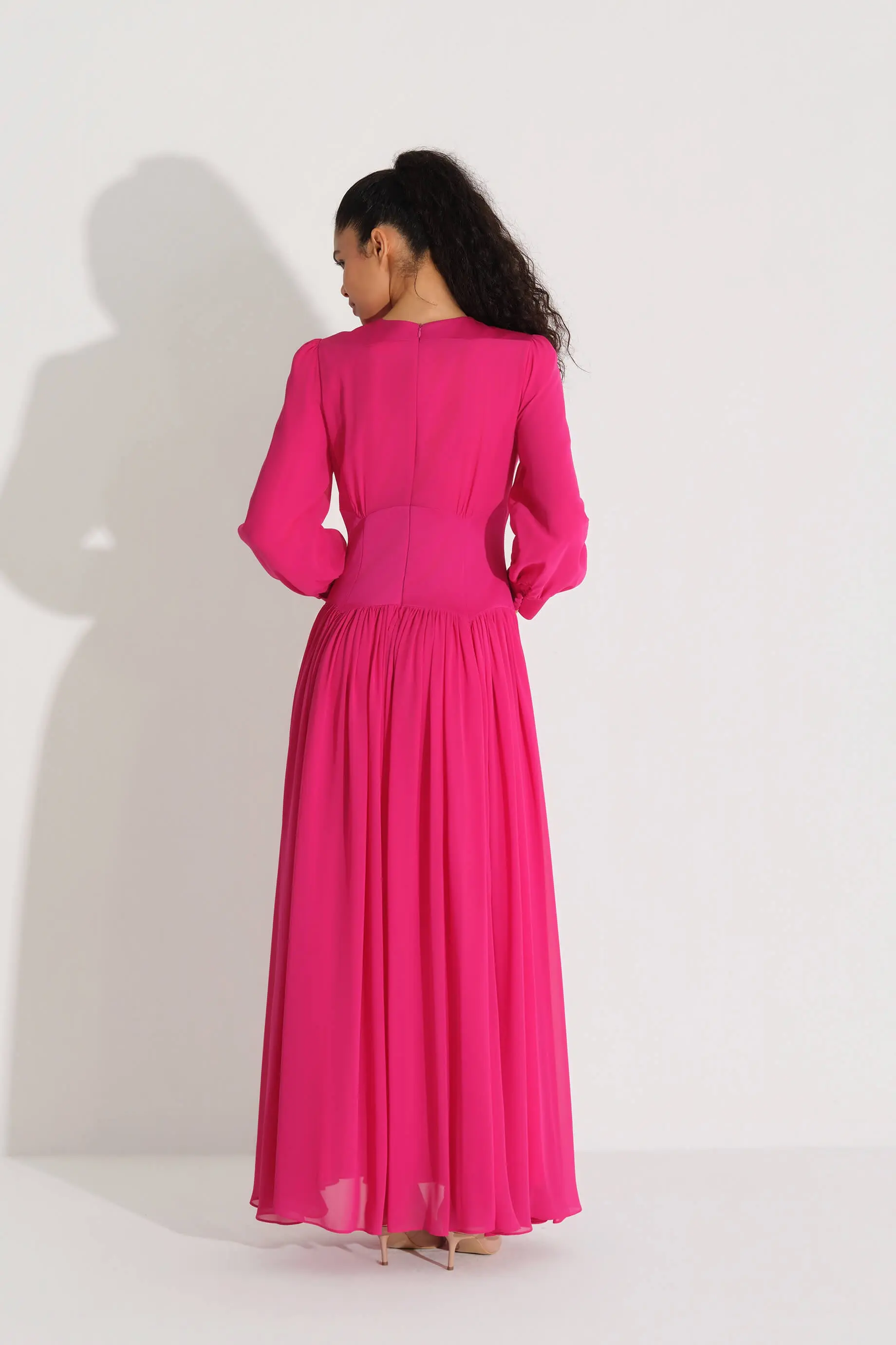 Stone-Embellished Waist Chiffon Dress – Fuchsia, photo 4