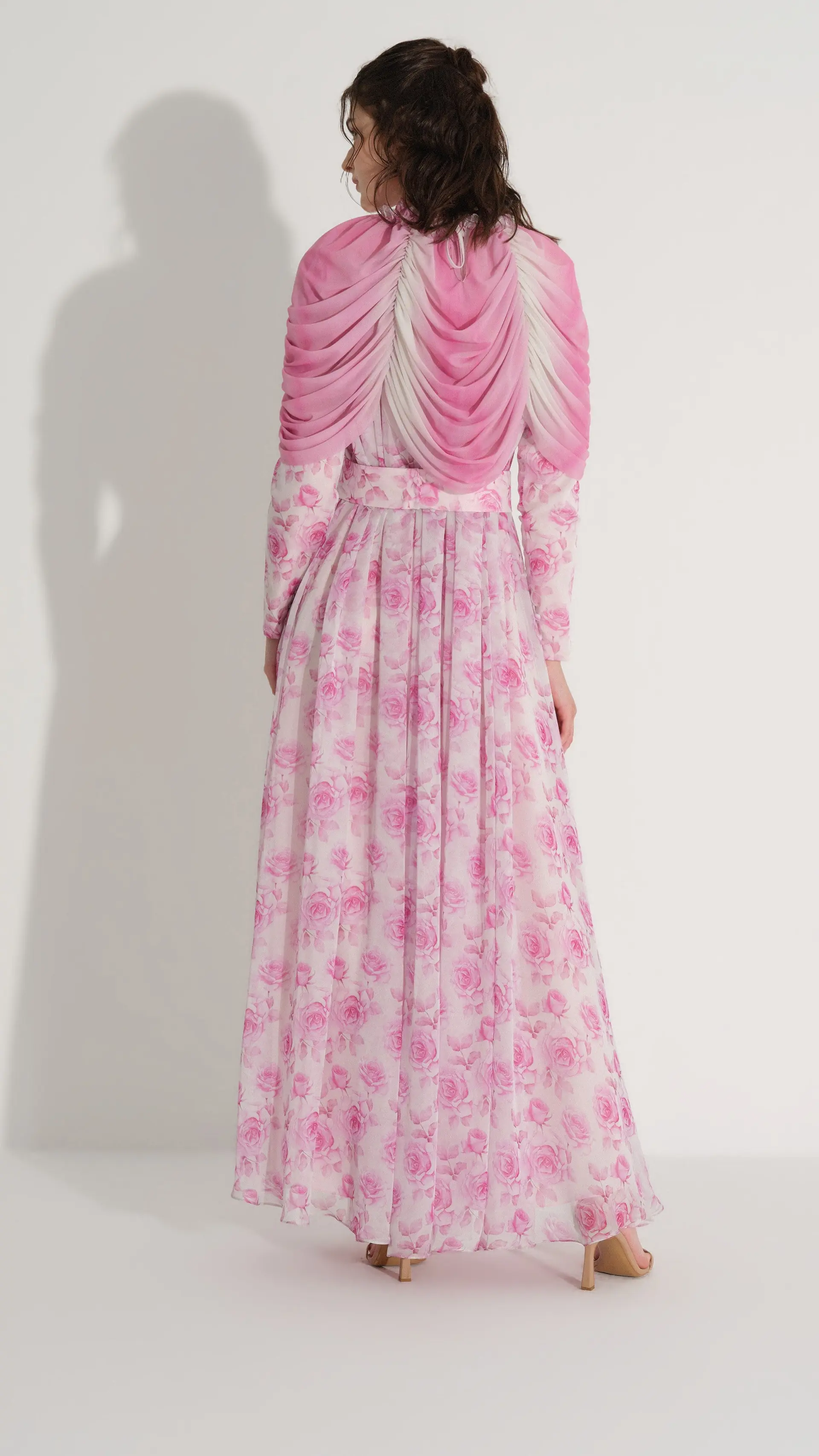 Cape Detail Silk Chiffon Dress – Pink, photo 6