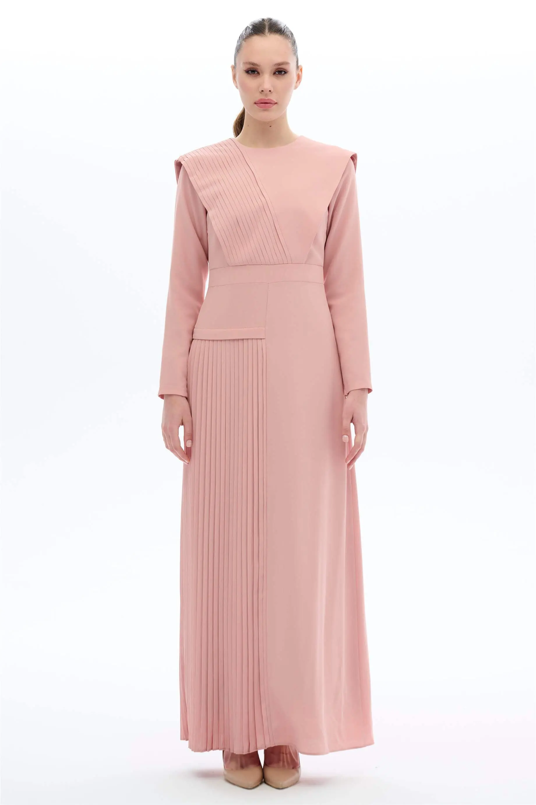 Pleated Wide-Shoulder Dress – Powder