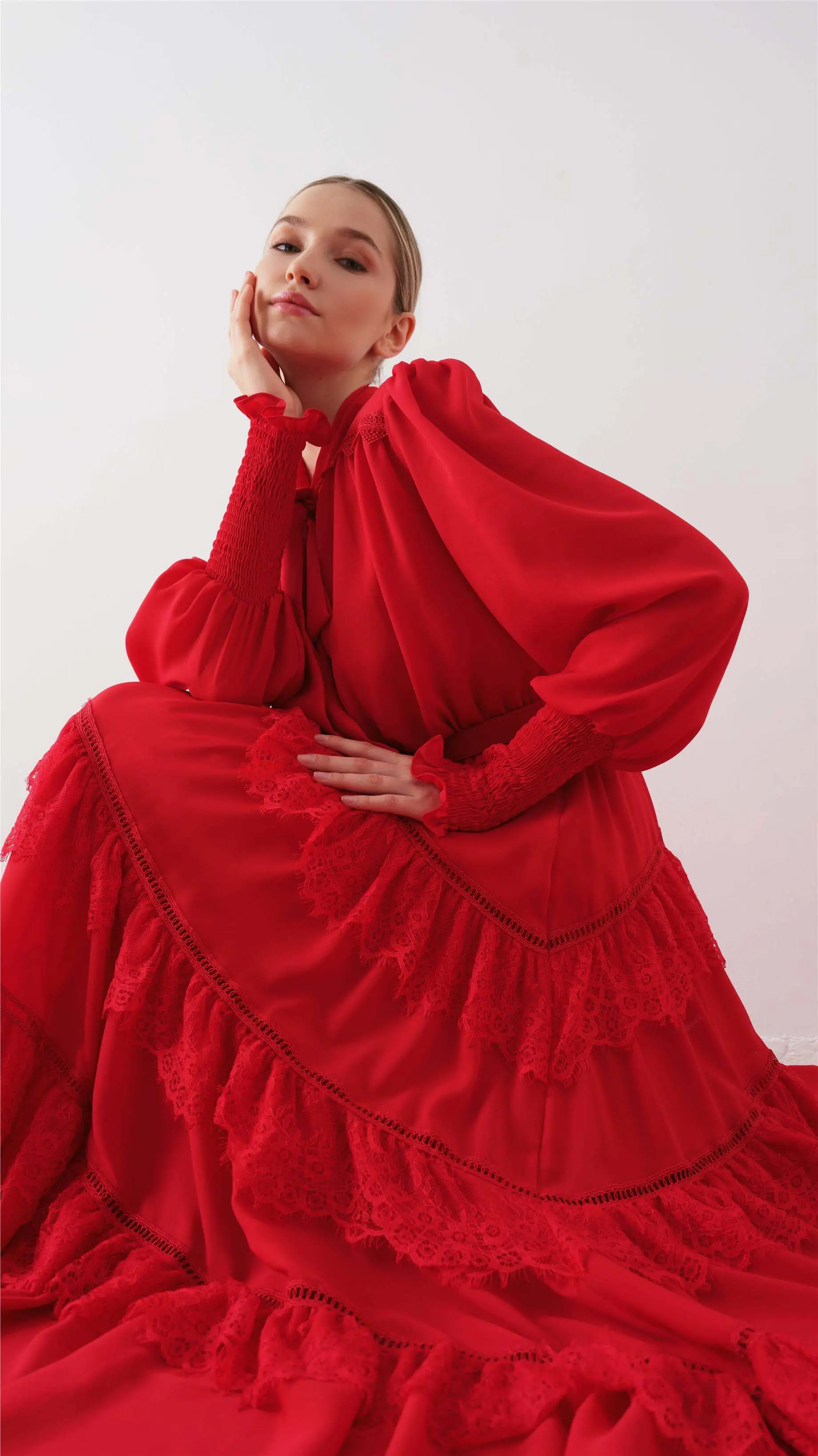 Tiered Ruffle Long Dress – Red, photo 3