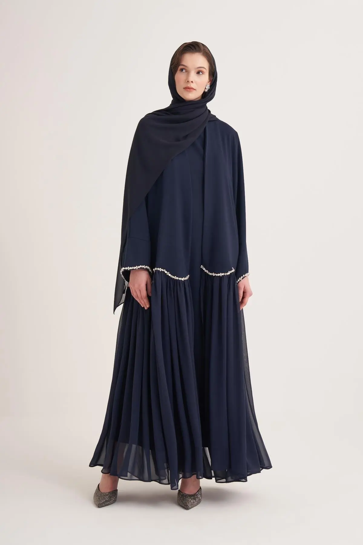 Lina Crystal Abaya & Scarf – Navy
