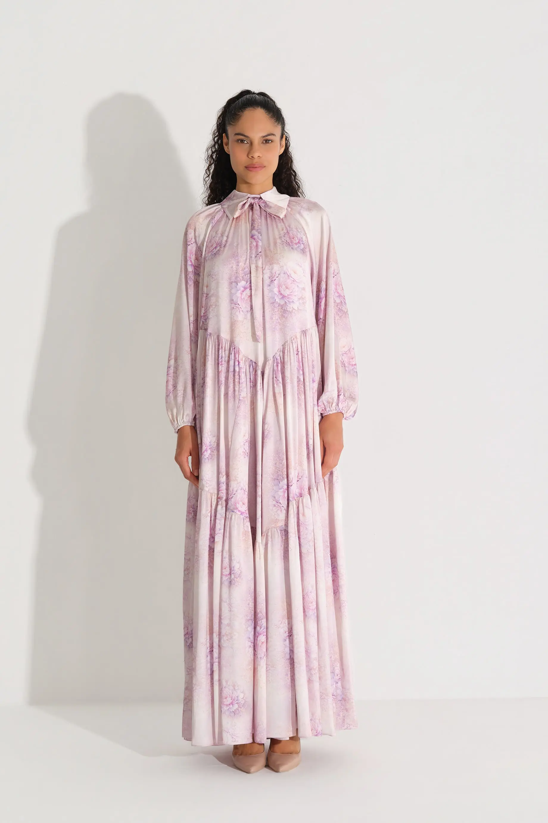 Bow-Neck Floral Satin Chiffon Dress – Lilac