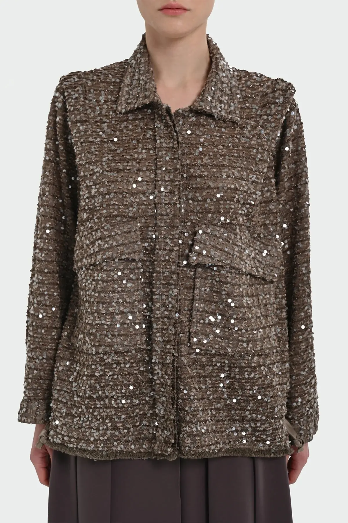 Sequin Embellished Shirt-Collar Jacket — Brown, photo 2