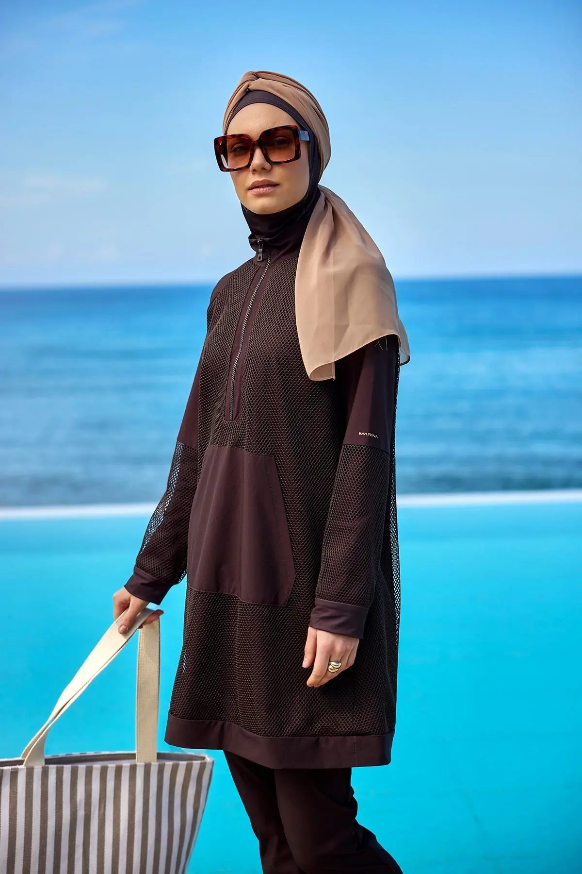 Full Coverage Tulle Detail Modest Swimwear Burkini Set - Brown, photo 4