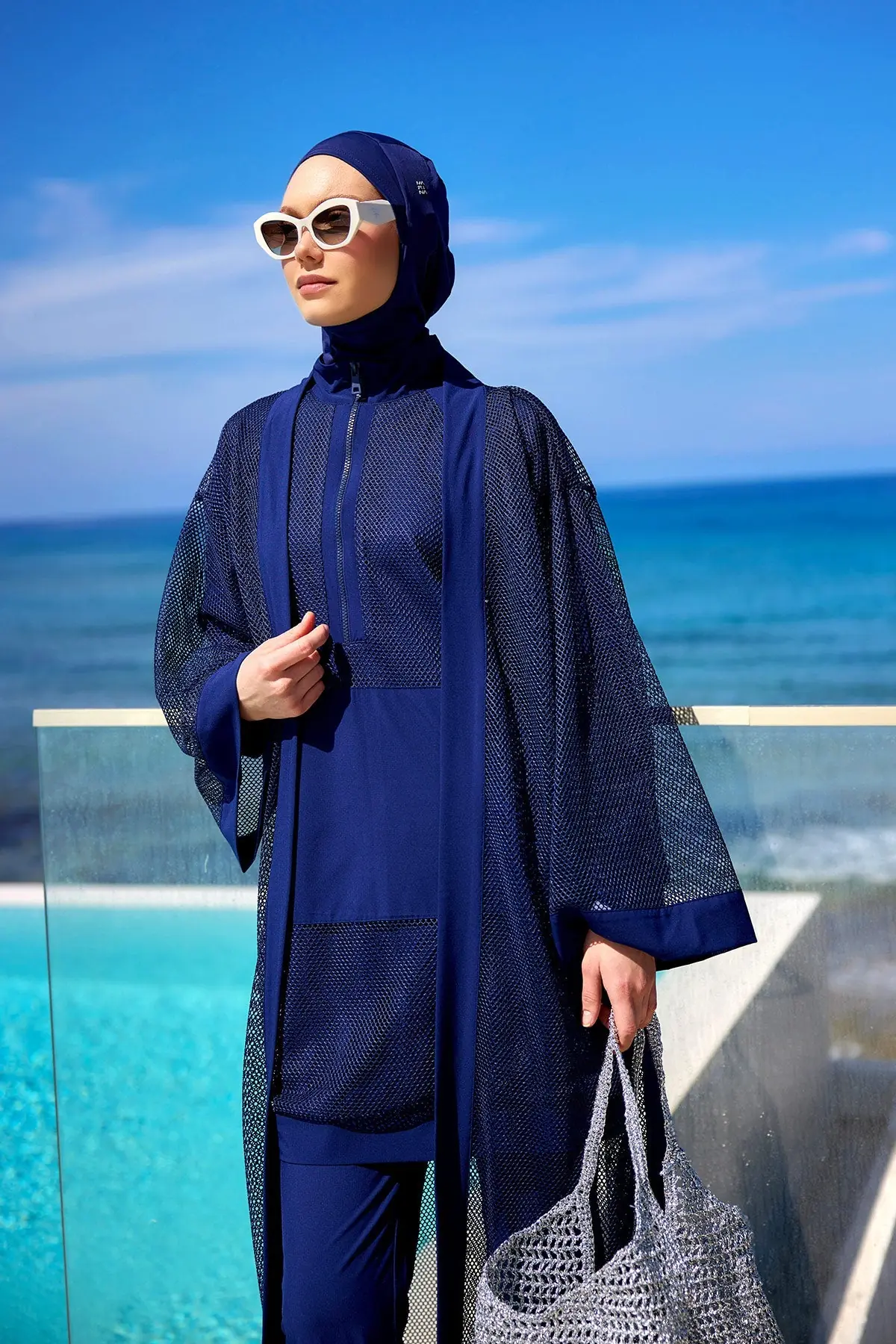 Navy Full Length Modest Mesh Kimono – Lightweight Islamic Swim Cover P2501-2, photo 3