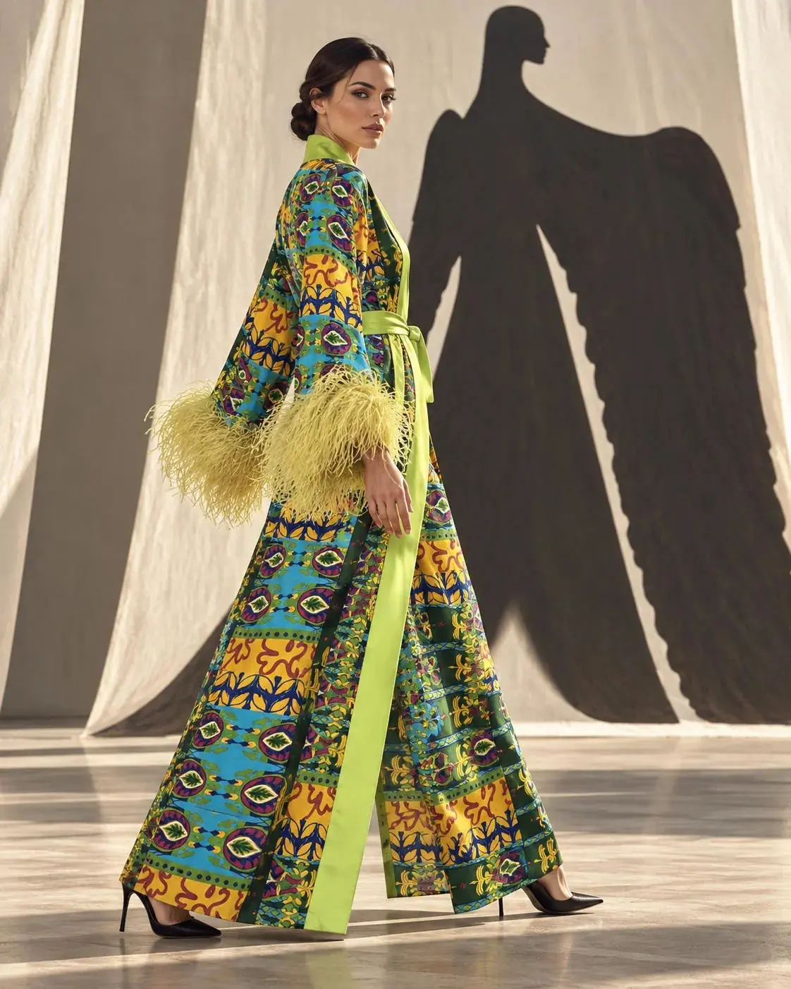 Rita Printed Silk Kimono with Ostrich Feather Trim - Green, photo 3