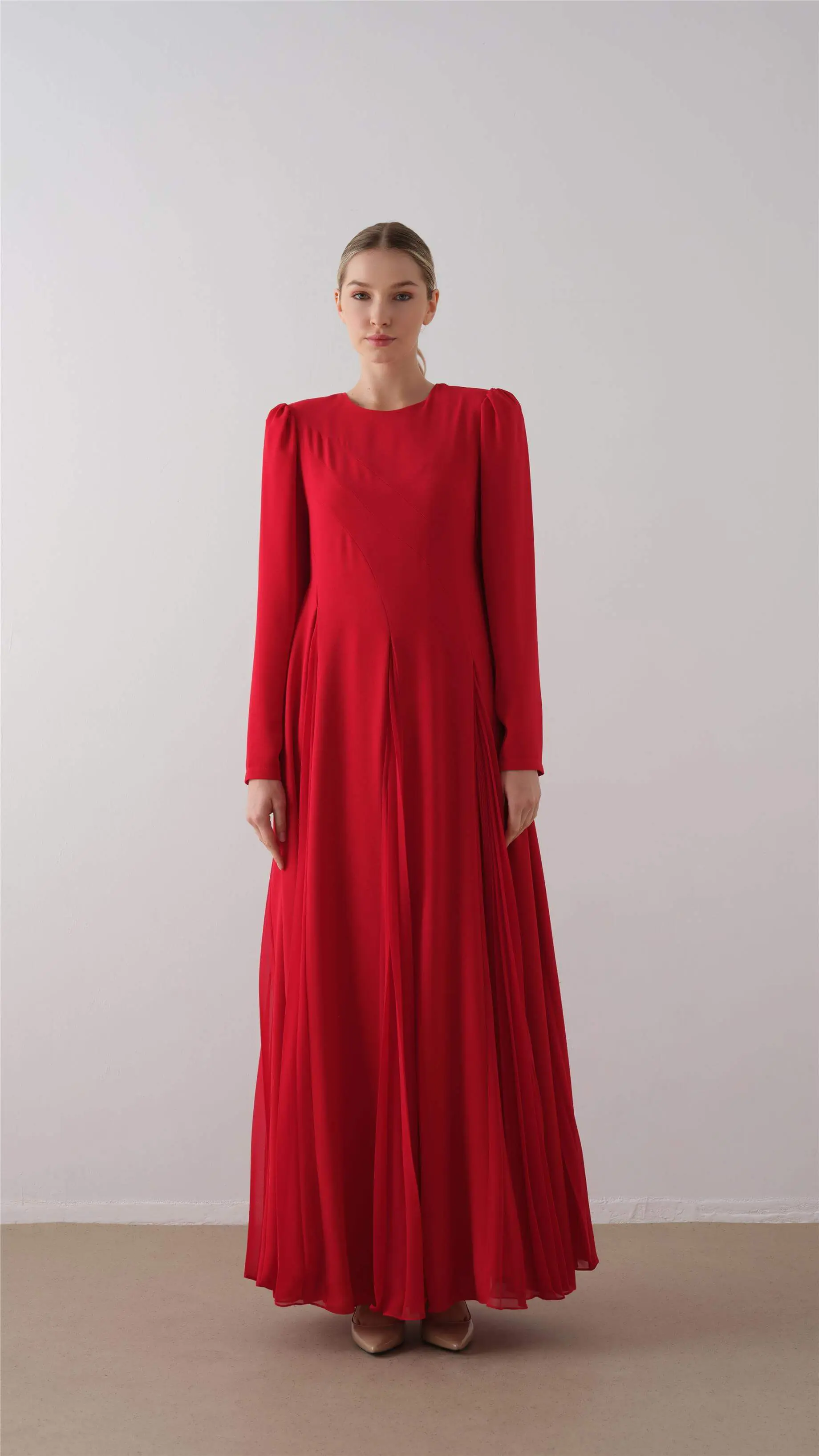 Pleated Crepe Chiffon Dress – Red