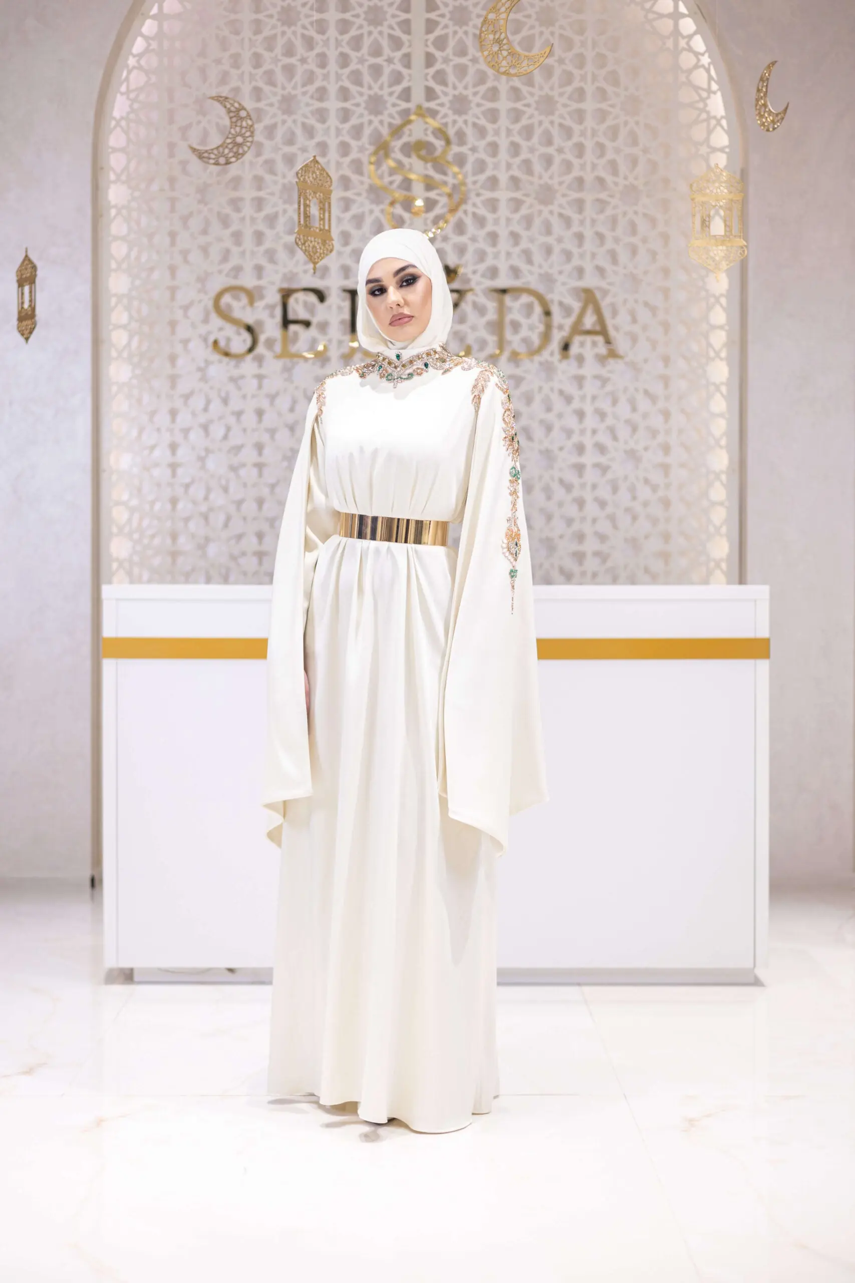 Golden Mirage Aura Satin Co-Ord Set with Skirt – White