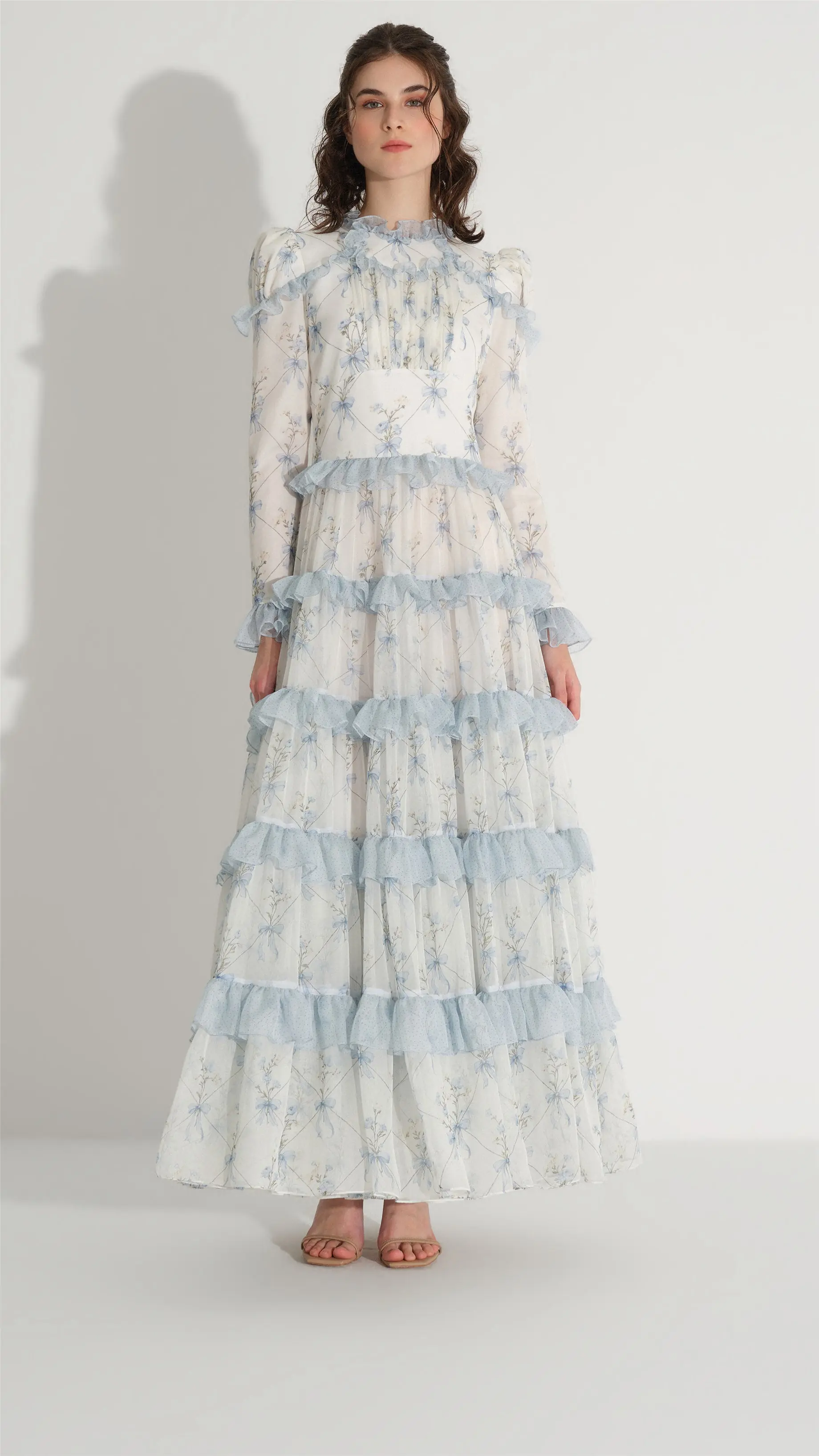 Bow-Print Gathered Chiffon Dress – Blue