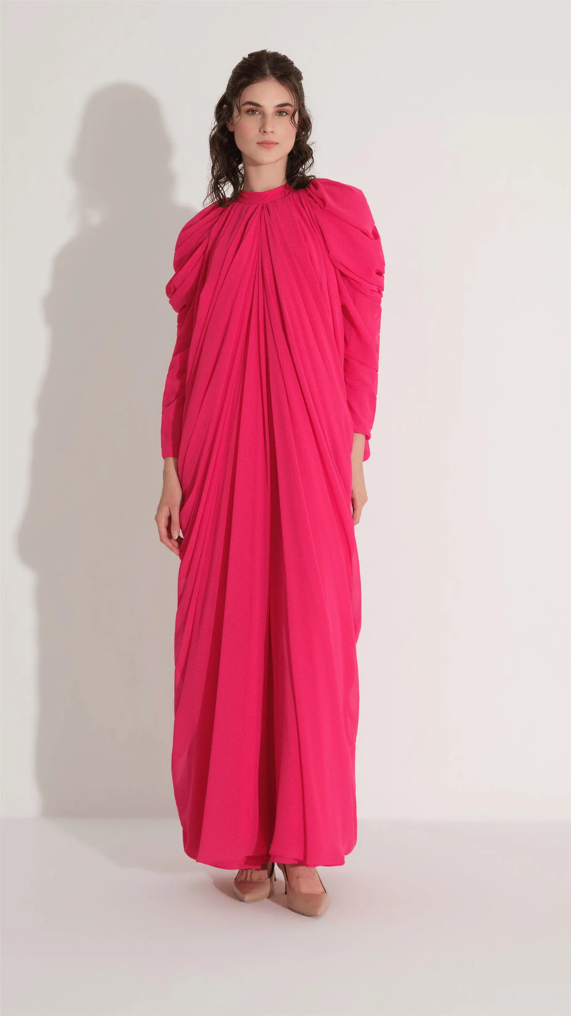 Gathered Side & Sleeve Detail Chiffon Dress – Fuchsia